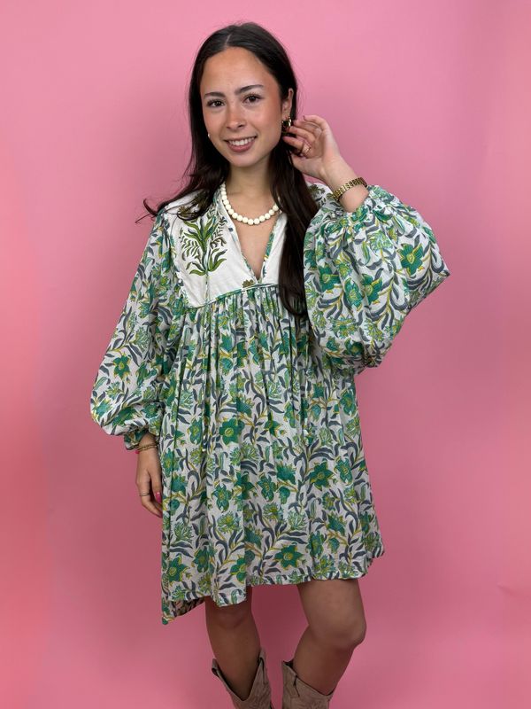 Blockprint Jurk Mini Green