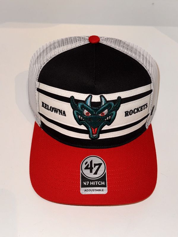 Black/White Striped Trucker Hat with Red Brim