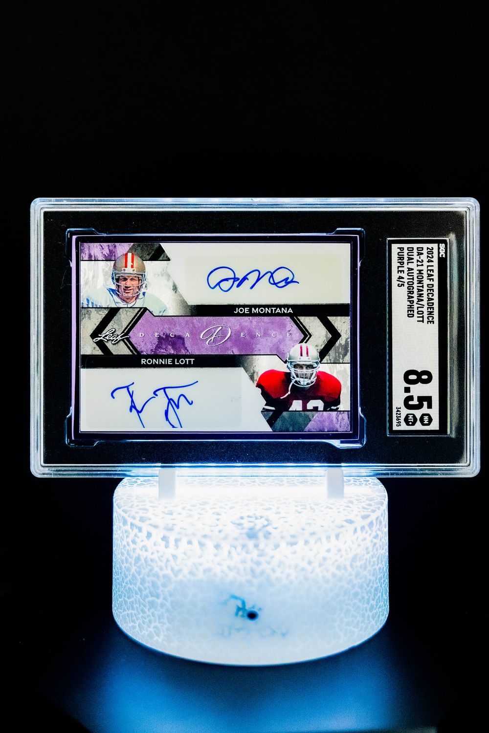 2024 Leaf Decadence Dual Auto Purple SN#4/5 Joe Montana, Ronnie Lott SGC 8.5 (DA-21)