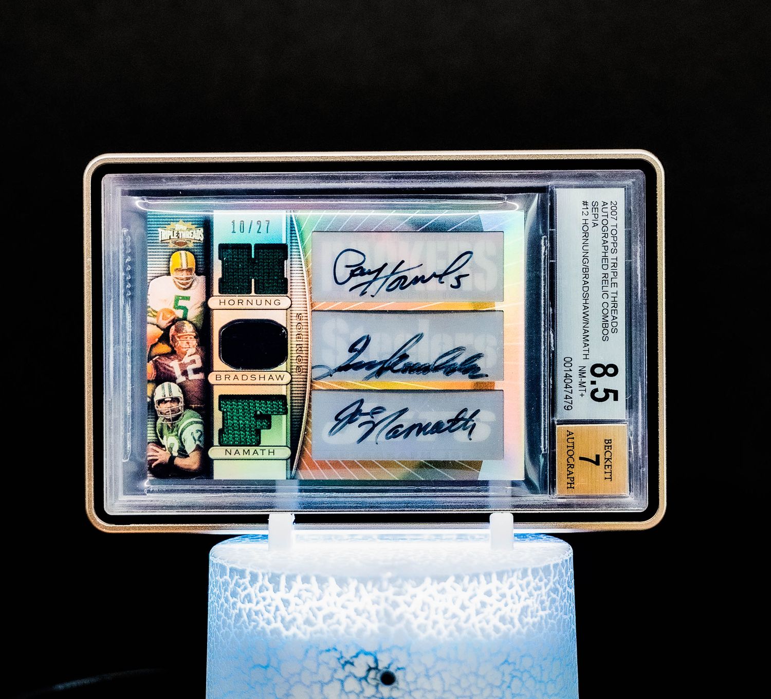2007 Topps Tripple Threads Autographed Relics Combos Sepia, Hornung, Bradshaw, Namath (SN: 10/27) #TTRCA 12 (BGS Card NM-MT+ 8.5, Auto 7 BGS: #0014047479) (POP 1)