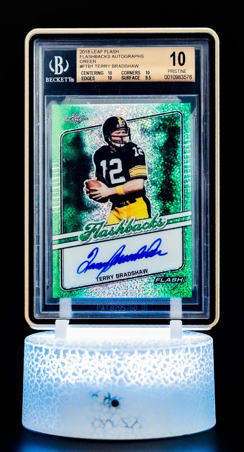 2018 Leaf Flash Flashbacks Autographs GreenTerry Bradshaw (SN: 6/7) #F-TB1 (BGS Card Pristine 10, Auto 9 PSA: #0010983576) (POP 1)