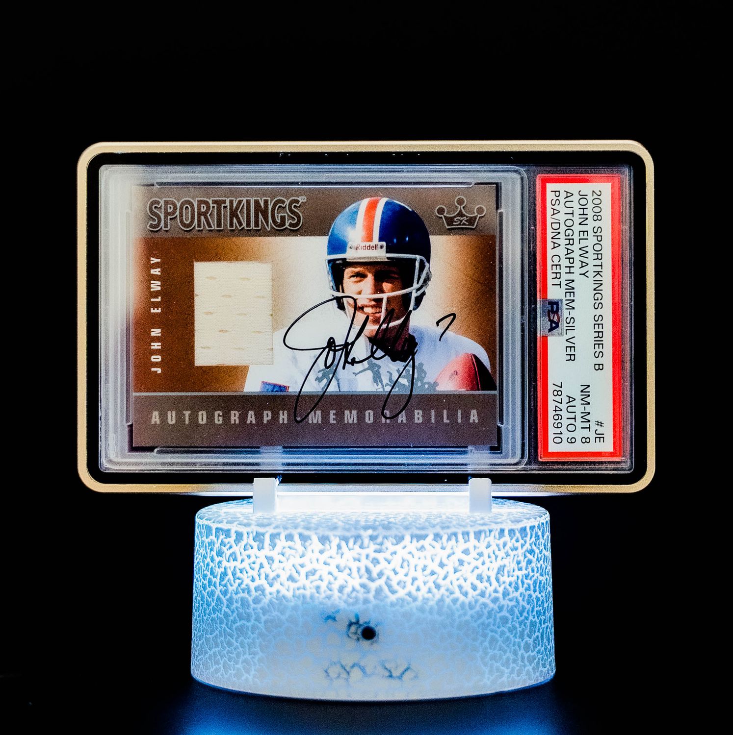 2008 Sportskings Series-B Autographed Memorabilia John Elway #AM-JE (PSA Card NM-MT 8, Auto 9 PSA: #78746910)