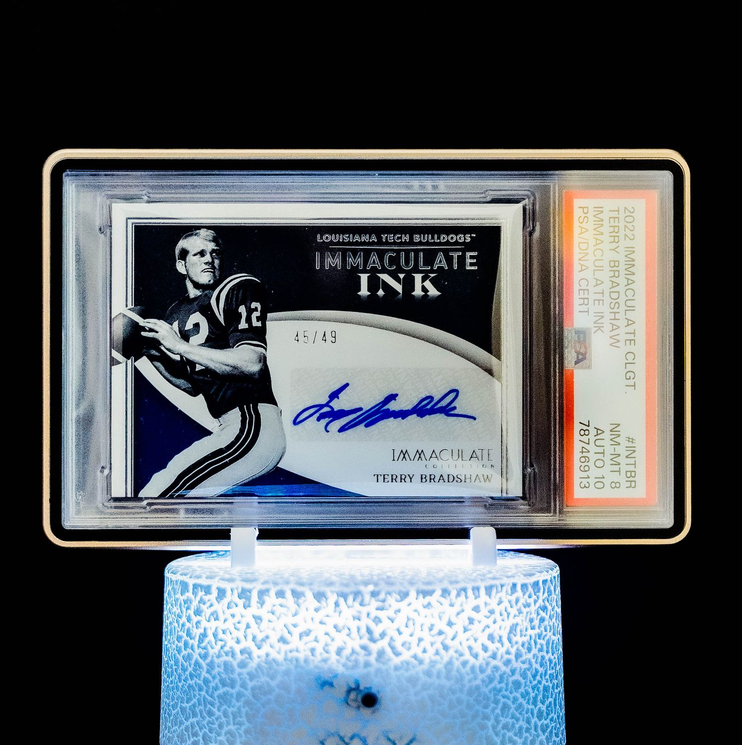 2022 Immaculate Collegiate Immaculate Ink Terry Bradshaw (SN: 45/49) #INTBR (PSA Card NM-MT 8, Auto 10 PSA: #78746913)