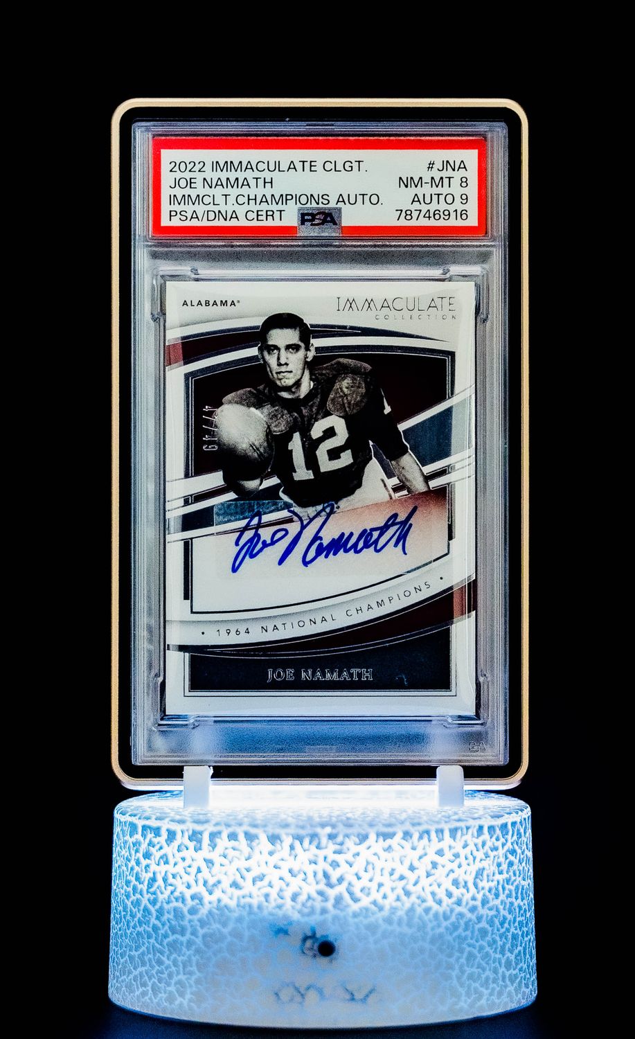 2022 Immaculate Collegiate Immaculate Champions Autographs Joe Namath (SN: 47/49) #IC-JNA (PSA Card NM-MT 8, Auto 9 PSA: #78746916)