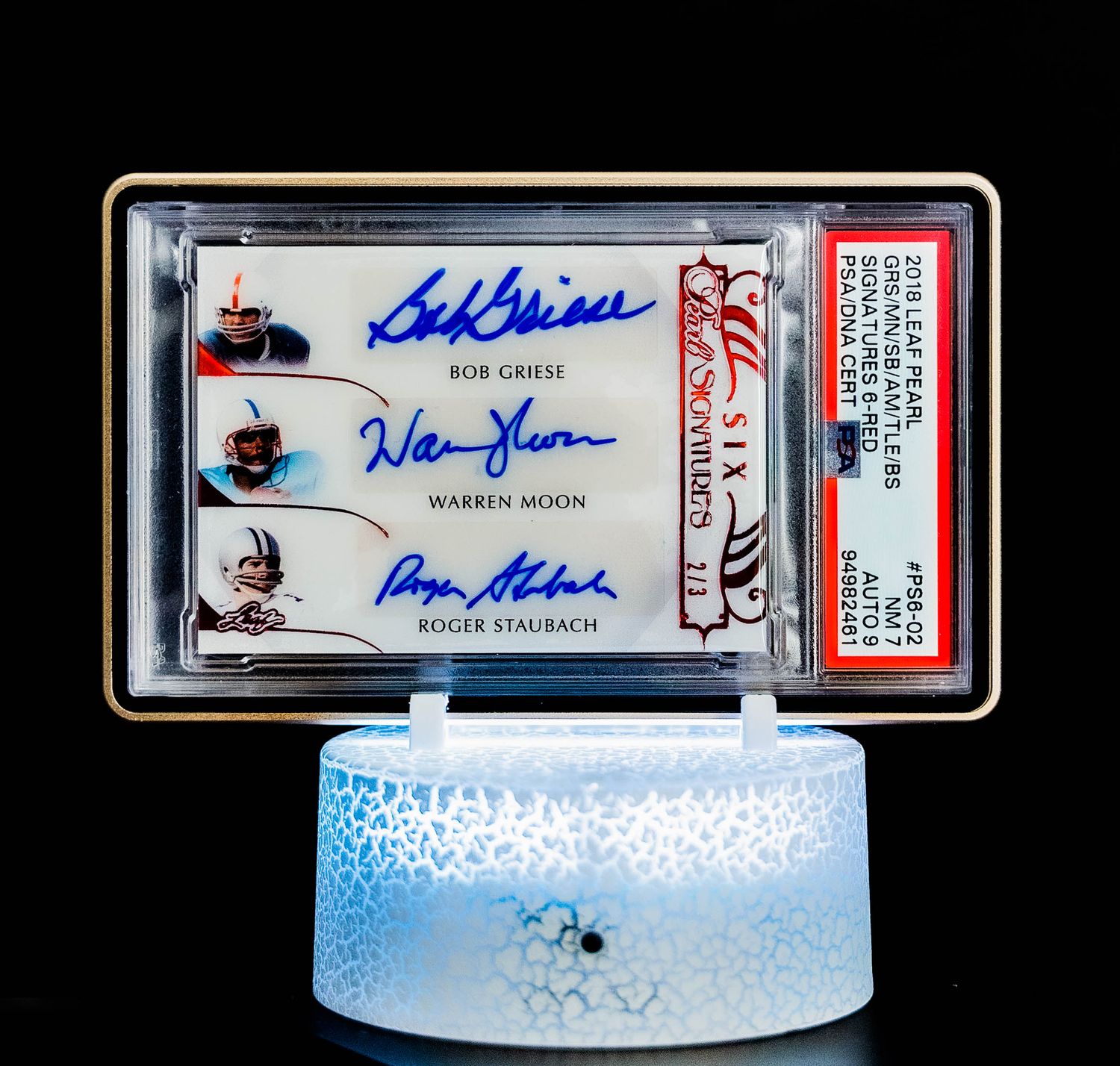 2018 Leaf Pearl Griese, Moon, Staubach, Aikman, Tittle, Bradshaw #PS6-02 (SN: 2/3) PSA Card NM 7, Auto 9