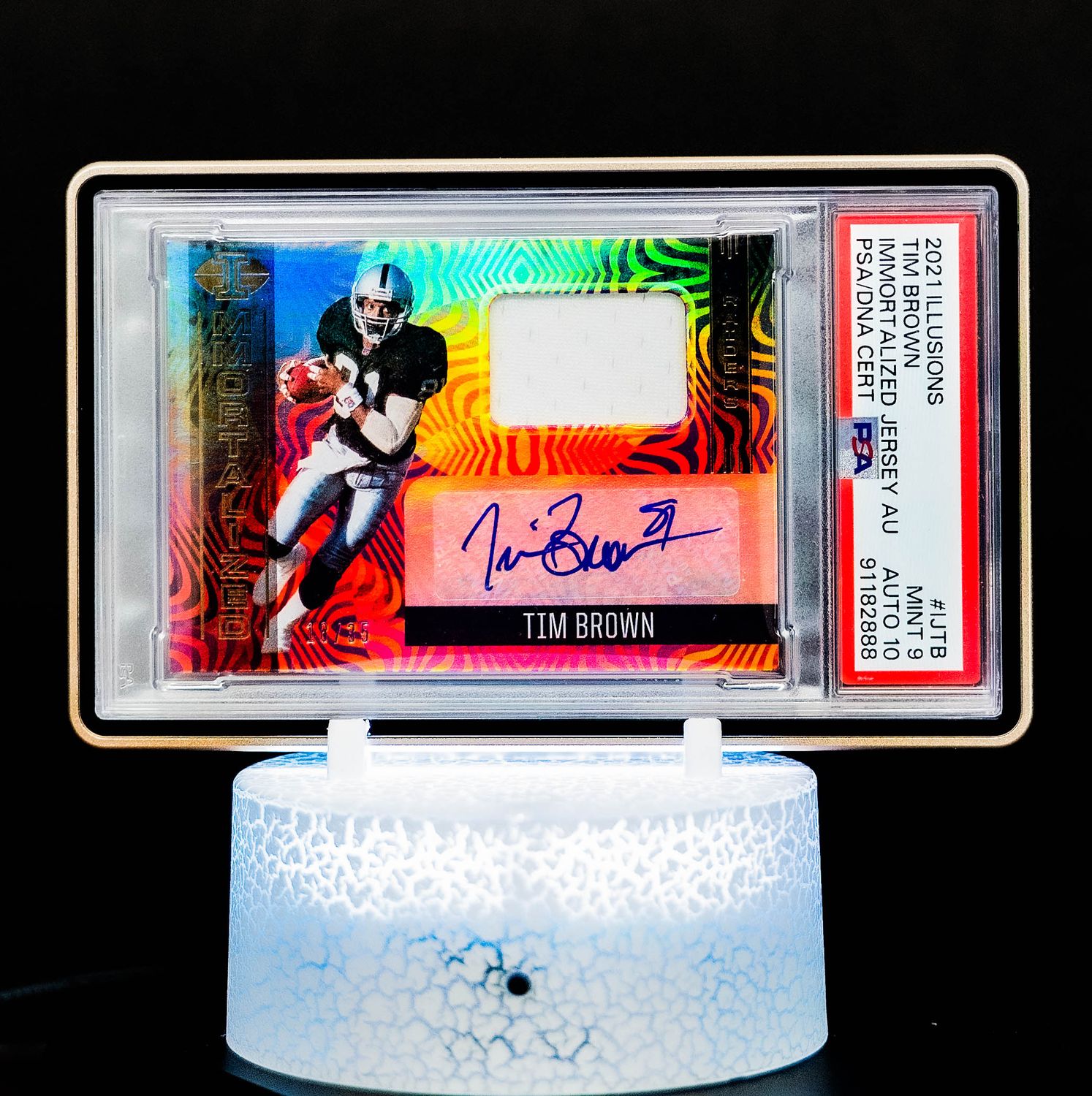 2021 Illusions Immortalized Jersey Autographs Tim Brown #IJTB (SN: 18/35) PSA Card Mint 9, Auto 10