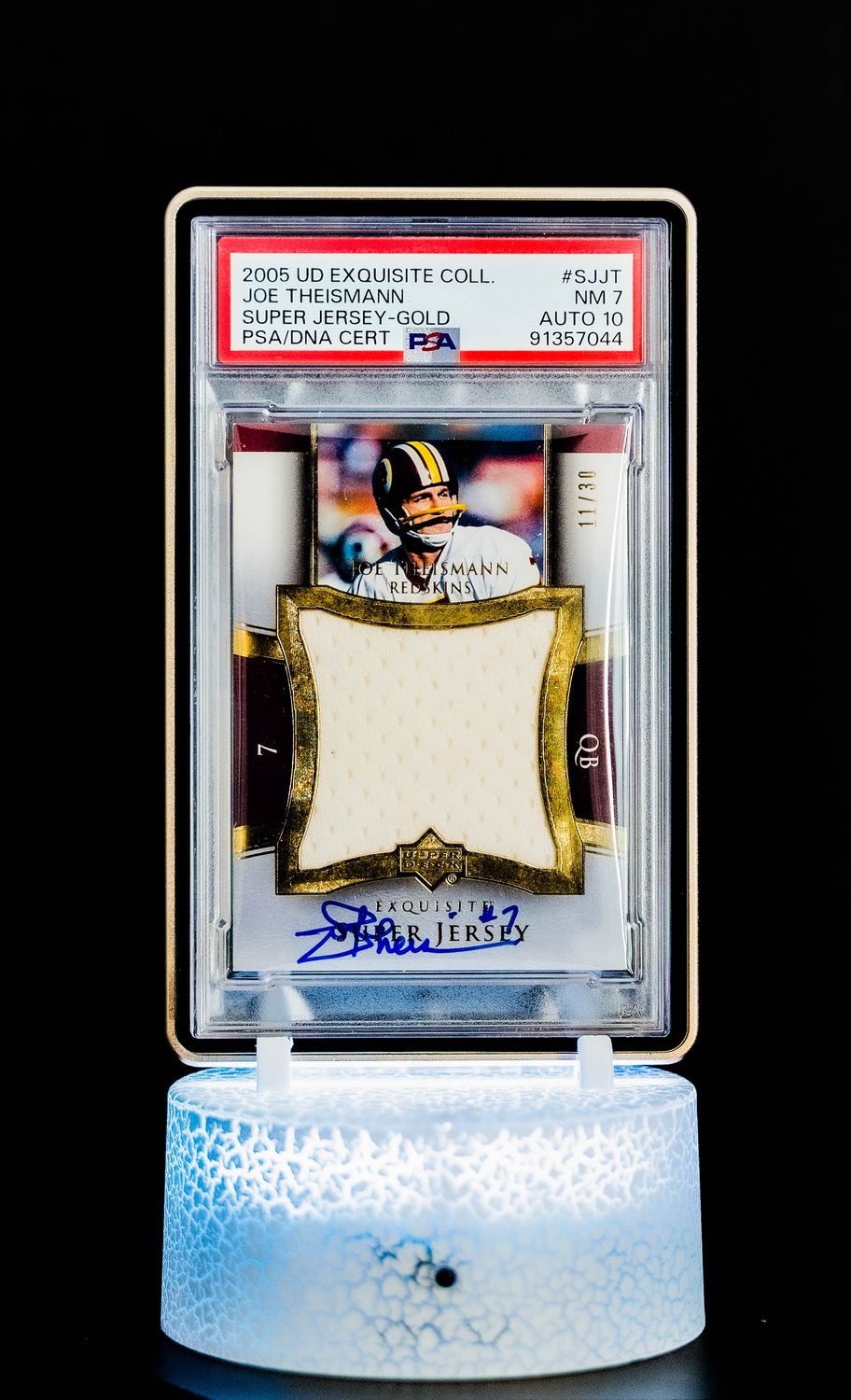 2005 Upper Deck Exquisite Collection Super Jersey Gold Joe Theismann #SJJT (SN: 11/30) PSA Card NM 7, Auto 10 (POP 1)
