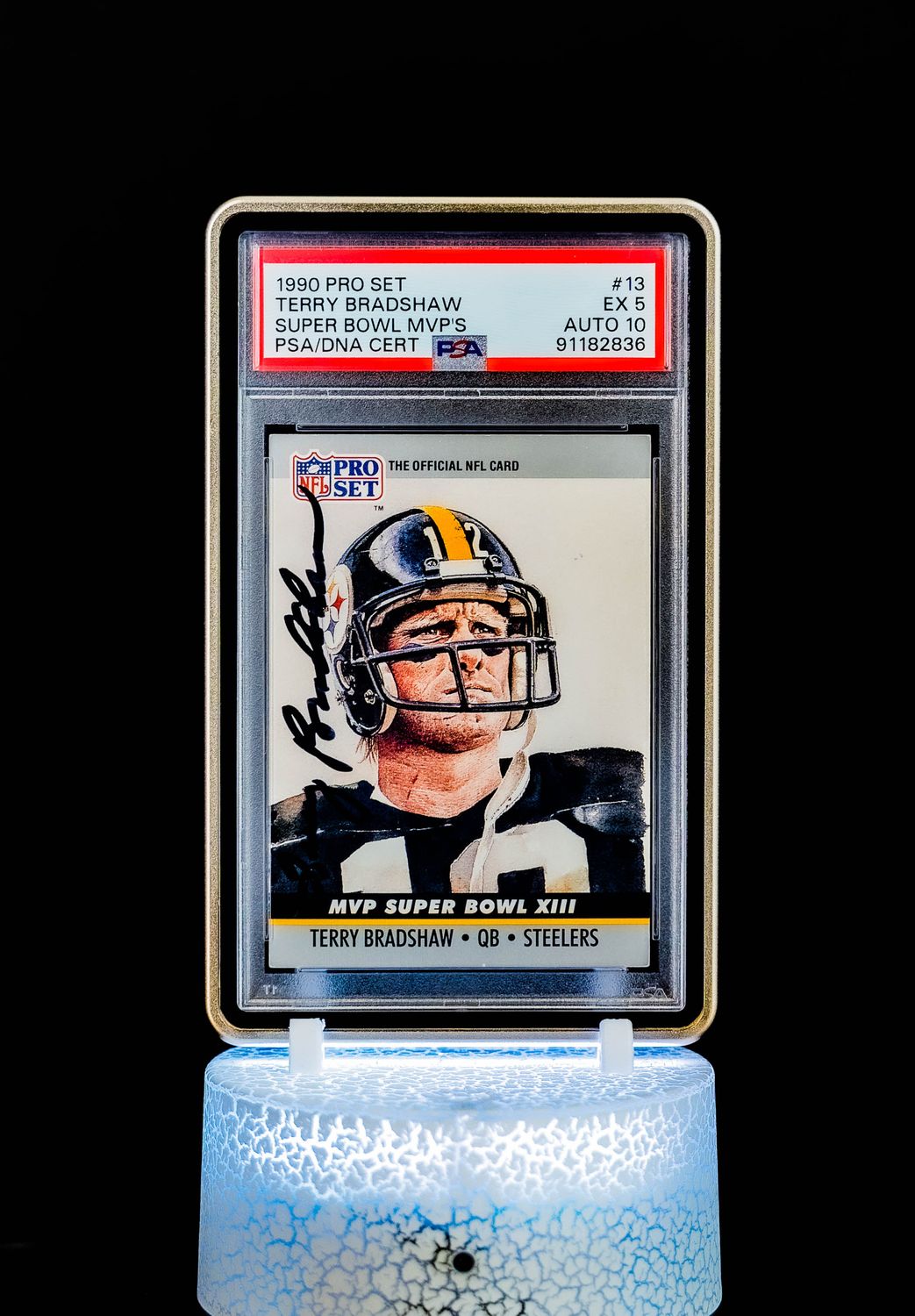 1990 Pro Set Terry Bradshaw Super Bowl MVP's #13 (PSA Card EX 5, Auto 10 PSA: #91182836) (POP 1)