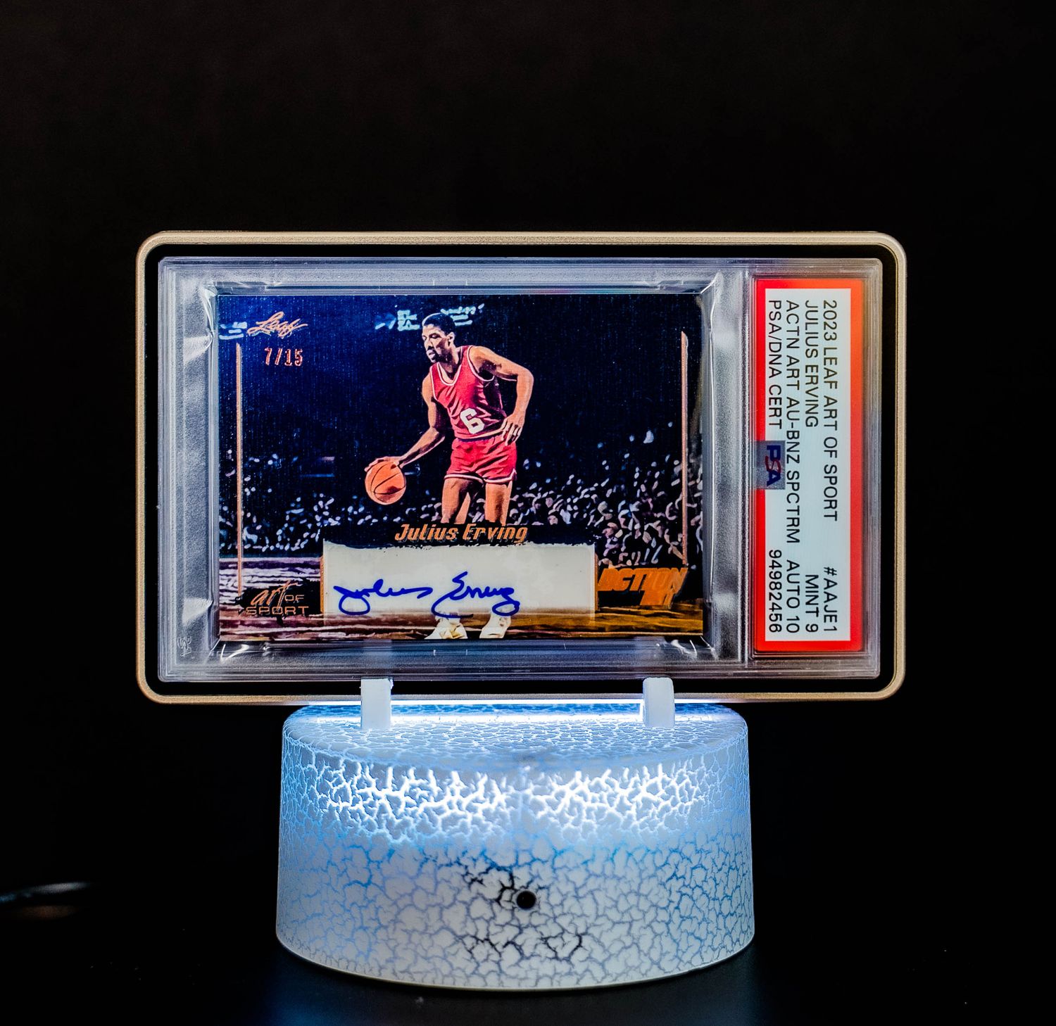 2023 Leaf Art of Sport Action Art Autographed Bronze Spectrum Julius Erving (SN: 7/15) #AAJE1 (PSA Card Mint 9, Auto 10 PSA: #94982456) (POP 1)