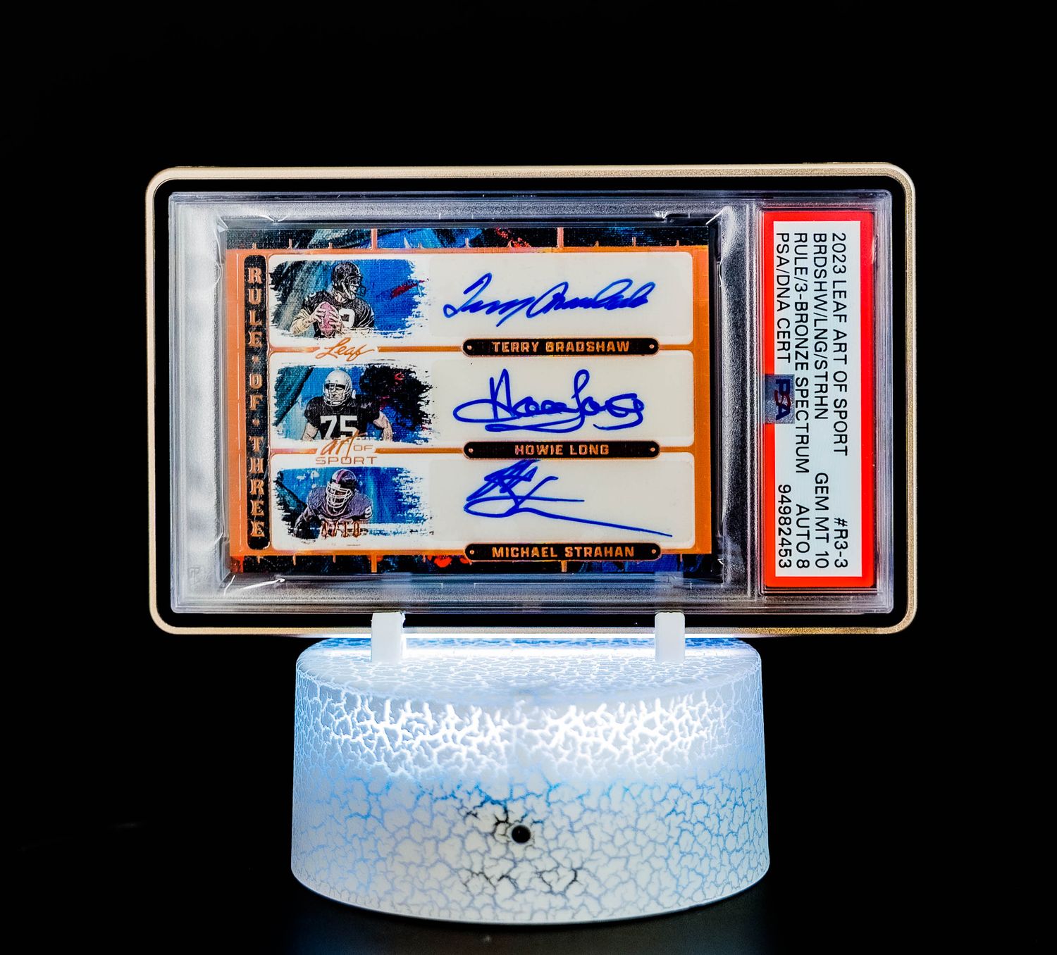 2023 Leaf Art of Sport Rule/3 - Bronze Spectrum Bradshaw, Long, Strahan (SN: 4/10) #R3-3 (PSA Card GEM-MT 10, Auto 8 PSA: #94982453) (POP 1)