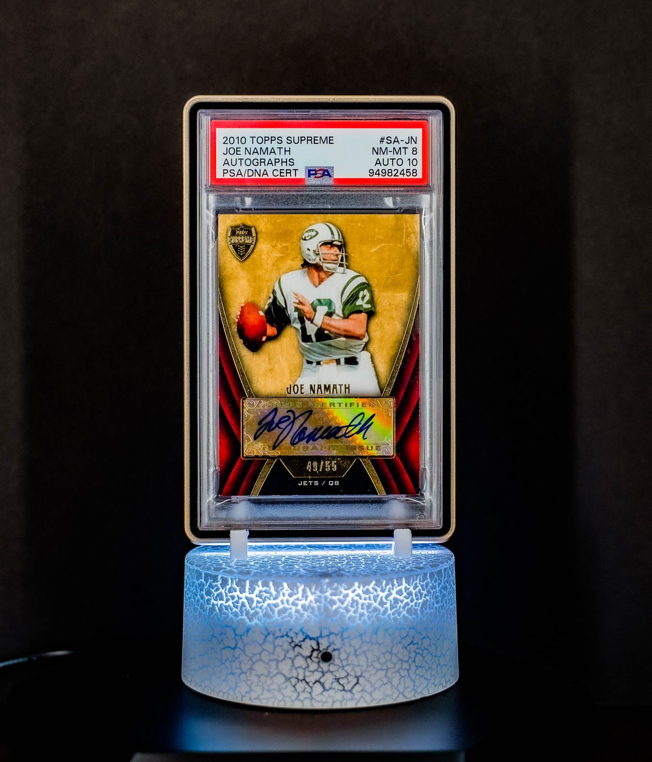 2010 Topps Supreme Autographs Joe Namath (SN: 49/55) #SA-JN (PSA Card NM-MT 8, Auto 10 PSA: #94982458) (POP 1)