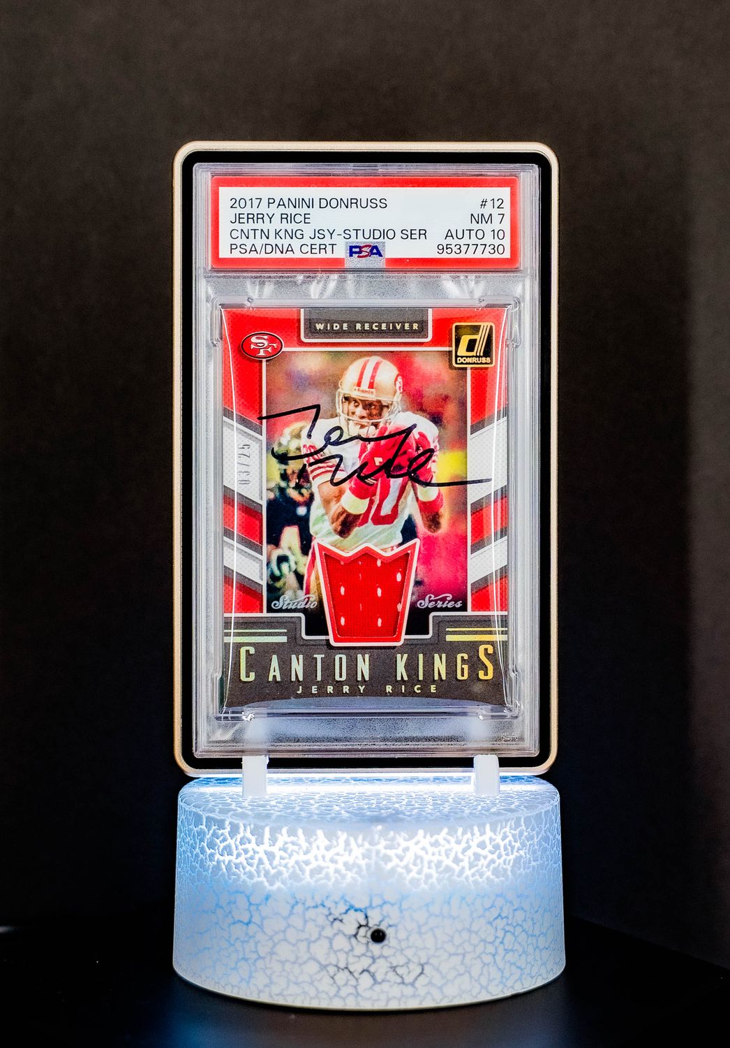 2017 Panini Donruss Canton Kings Jersey Studio Serial Jerry Rice (SN: 3/25) #12 (PSA Card NM-MT 8, Auto 10 PSA: #95377730) (POP 1)