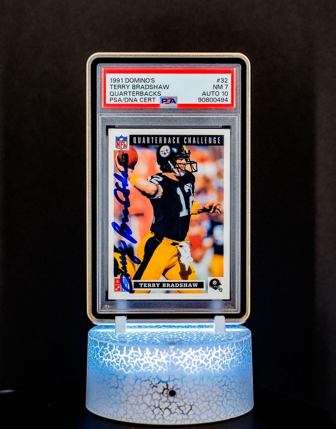 1991 Domino’s Quarterbacks Terry Bradshaw #32 PSA NM 7, Auto GEM MT 10 (POP 1)