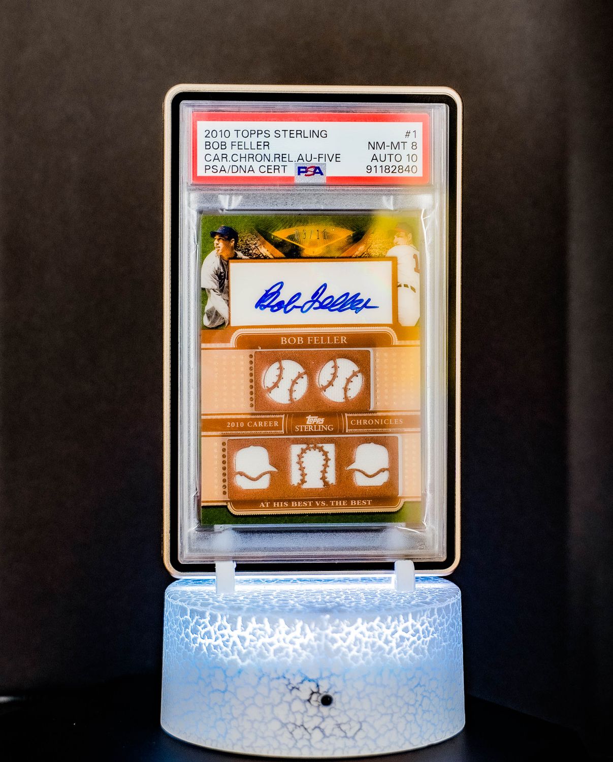 2010 Topps Sterling Carer Chronicles Relics Autographs Five Bob Feller (SN: 3/10) #1 (PSA Card NM-MT 8, Auto 10 PSA: #91182840) (POP 1)
