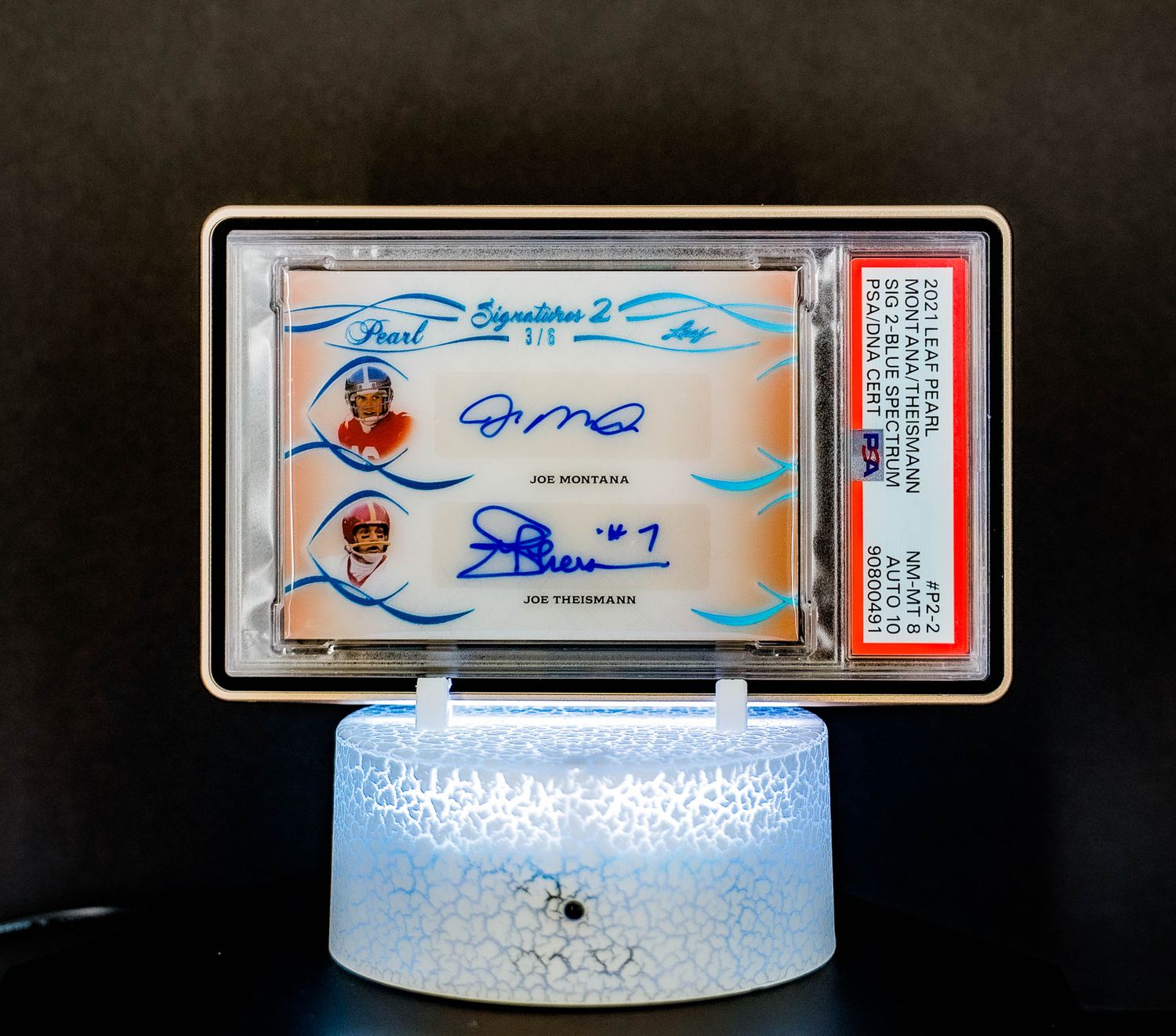 2021 Leaf Pearl Signature 2 Blue Spectrum Joe Montana, Joe Theismann (SN: 3/6) #P2-2 (PSA Card NM-MT 8, Auto 10 PSA: #90800491) (POP 1)