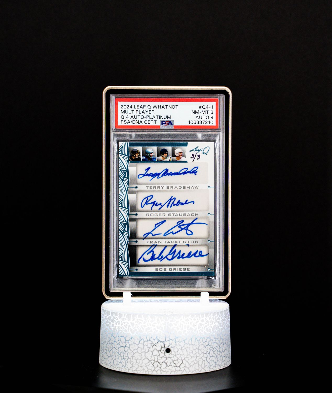 2024 Leaf Q Whatnot Q4 Auto Platinum SN 3/3 Bradshaw/Staubach/Tarkenton/Griese PSA 8 Auto 9