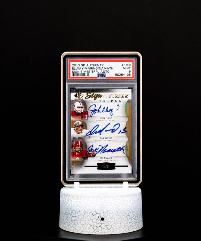2013 SP Authentic Sign of the Times Triple Auto Elway, Marino, Namath SN 1/3 – PSA 9 (#EMN)