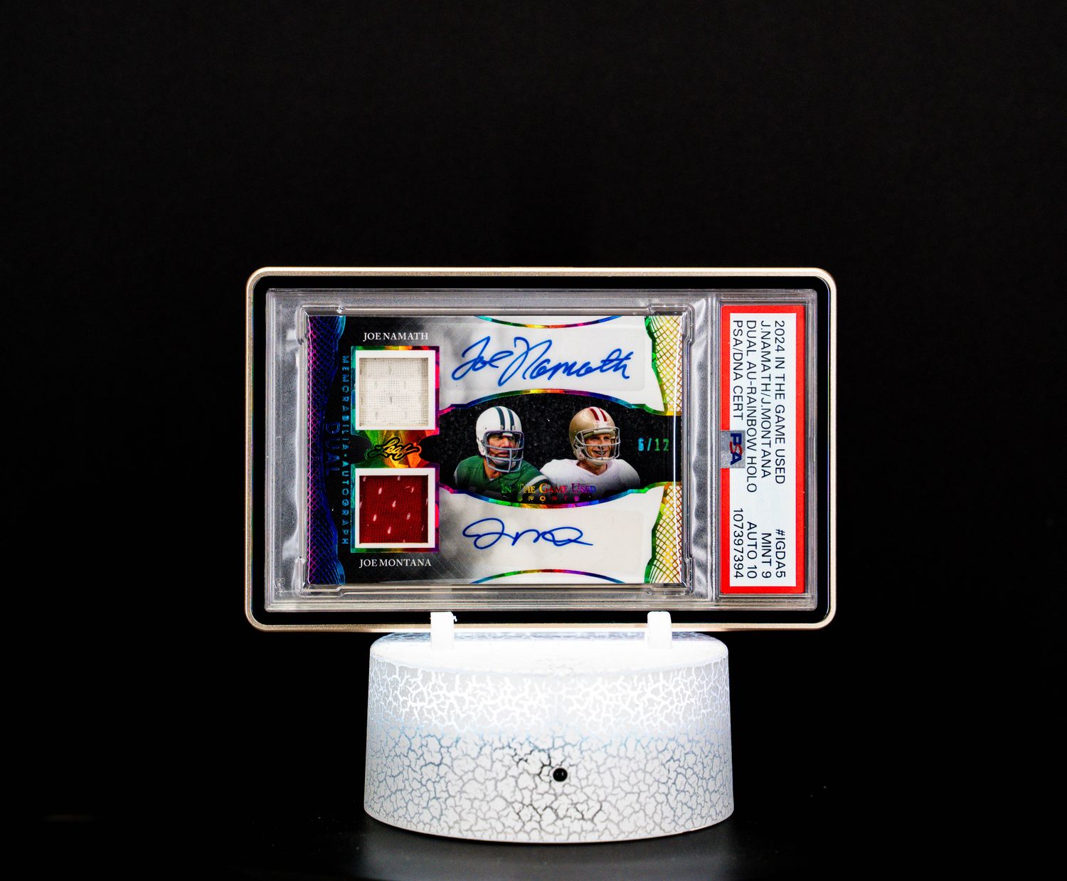 2024 In the Game Used Dual Autographs Rainbow Hologram SN 6/12 Namath & Montana PSA 9 Auto 10 (POP 1)