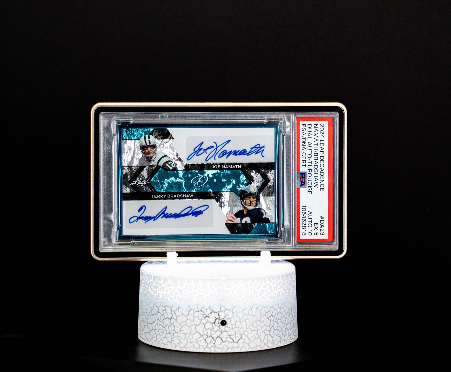 2024 Leaf Decadence Dual Auto Turquoise Joe Namath & Terry Bradshaw SN 6/10 – PSA 5/10 (#DA23)