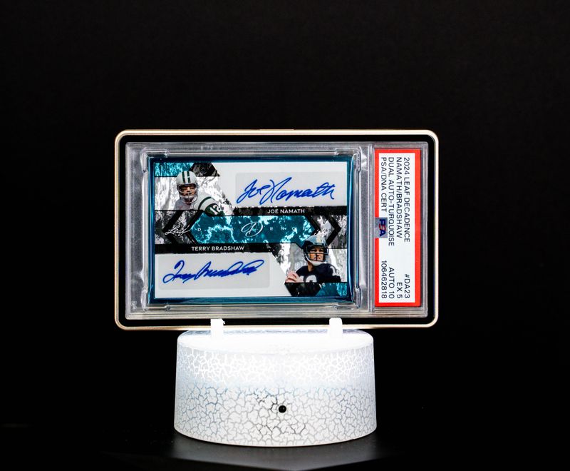 2024 Leaf Decadence Dual Auto Turquoise Joe Namath & Terry Bradshaw SN 6/10 – PSA 5/10 (#DA23)