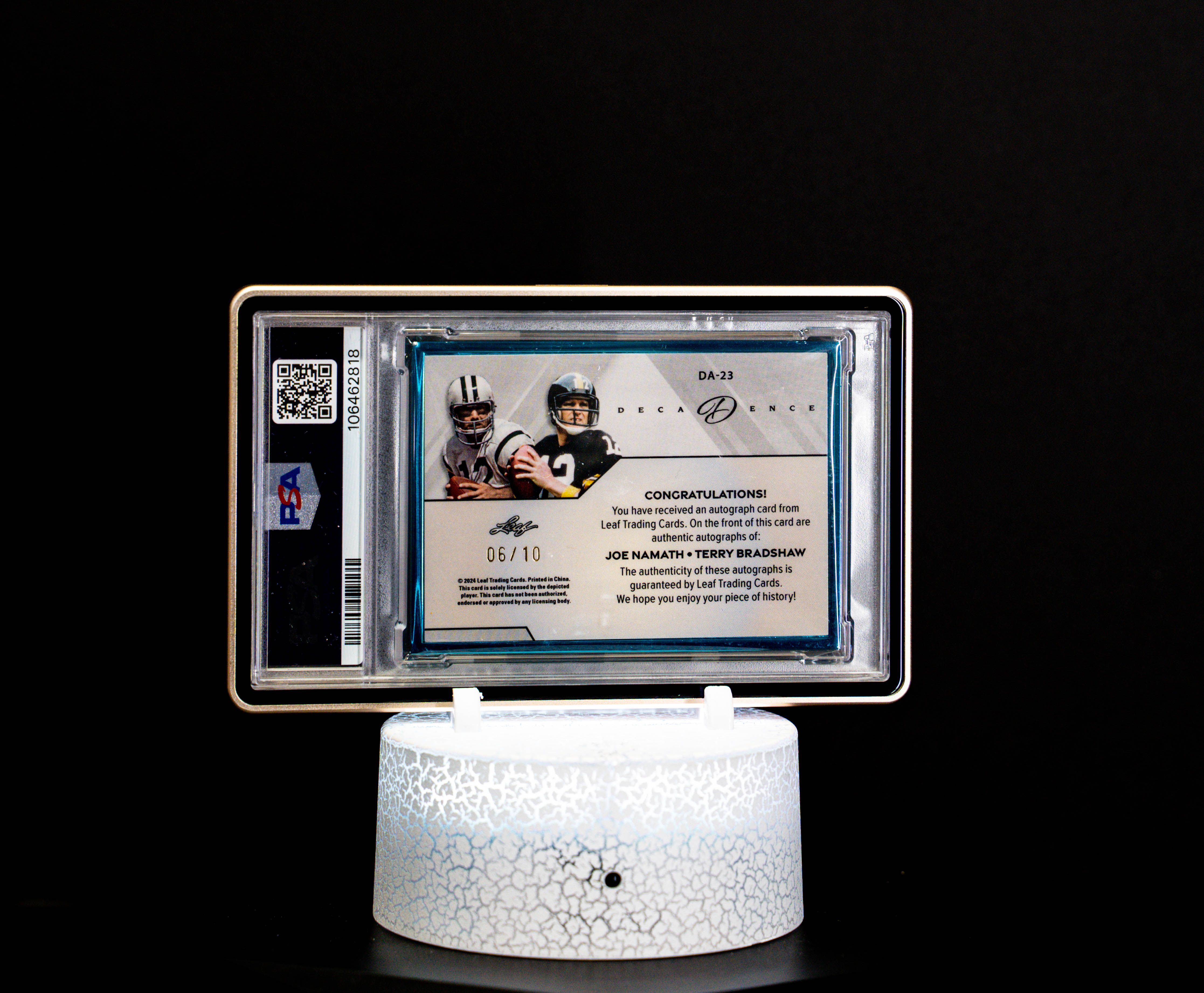 2024 Leaf Decadence Dual Auto Turquoise Joe Namath & Terry Bradshaw SN 6/10 – PSA 5/10 (#DA23)