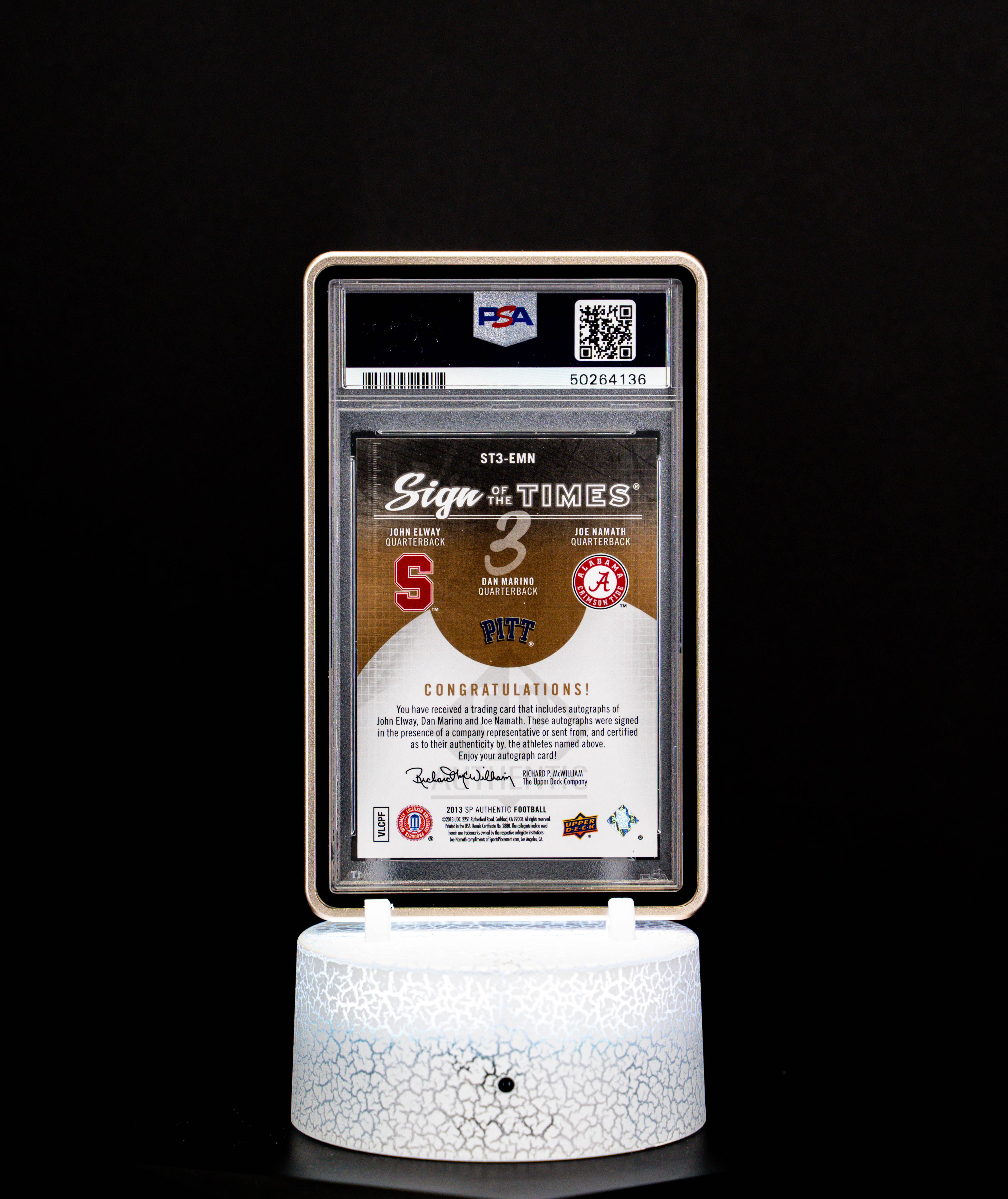 2013 SP Authentic Sign of the Times Triple Auto Elway, Marino, Namath SN 1/3 – PSA 9 (#EMN)