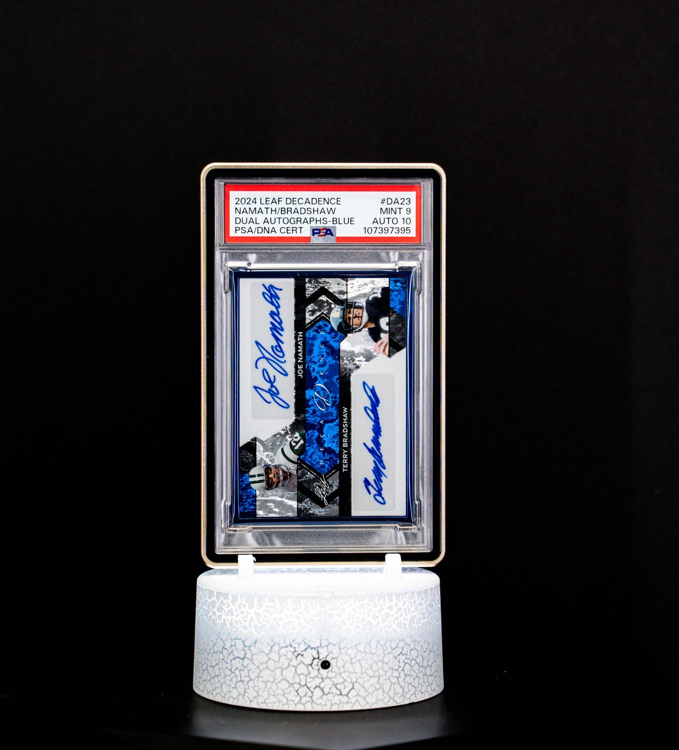 2024 Leaf Decadence Dual Autographs Blue SN 2/4 Joe Namath & Terry Bradshaw PSA 9 Auto 10 (POP 1)