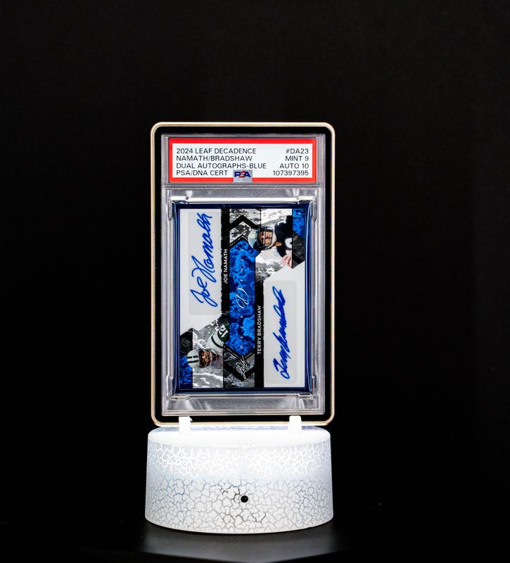 2024 Leaf Decadence Dual Autographs Blue SN 2/4 Joe Namath & Terry Bradshaw PSA 9 Auto 10 (POP 1)