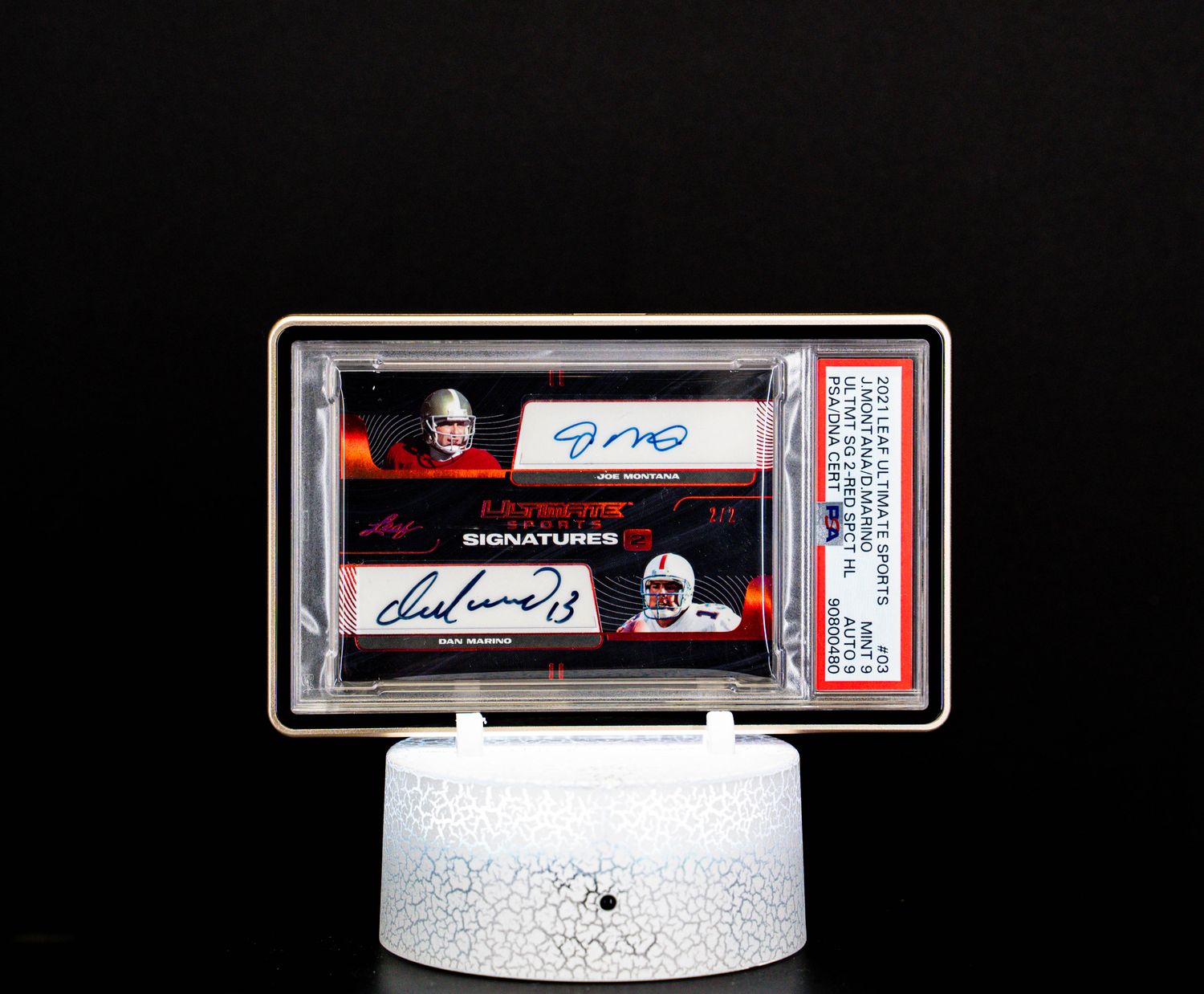 2021 Leaf Ultimate Sport Red Spectrum Dual Auto SN 2/2 Joe Montana & Dan Marino – PSA 9/9 (#03)