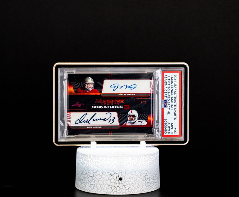 2021 Leaf Ultimate Sport Red Spectrum Dual Auto SN 2/2 Joe Montana & Dan Marino – PSA 9/9 (#03)