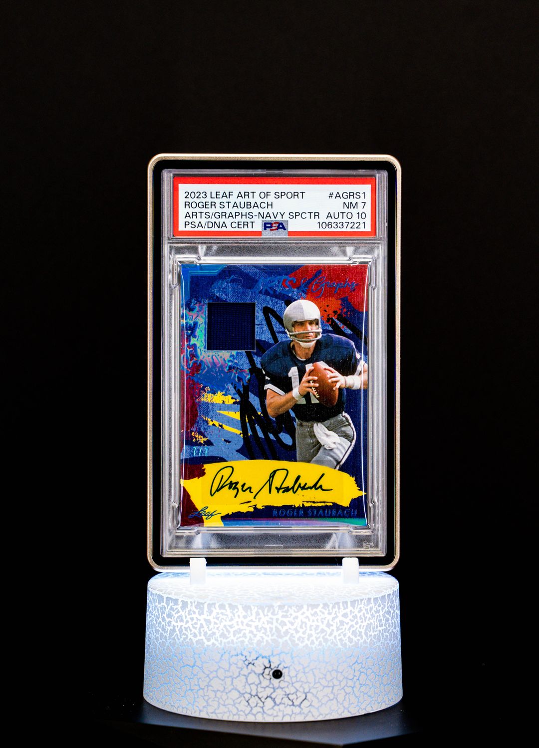 2023 Leaf Art of Sport Arts Graphics Navy Spectrum Autograph, Roger Staubach (SN: 7/7) #AGRS1 (PSA NM 7, Auto 10 PSA: #106337221)
