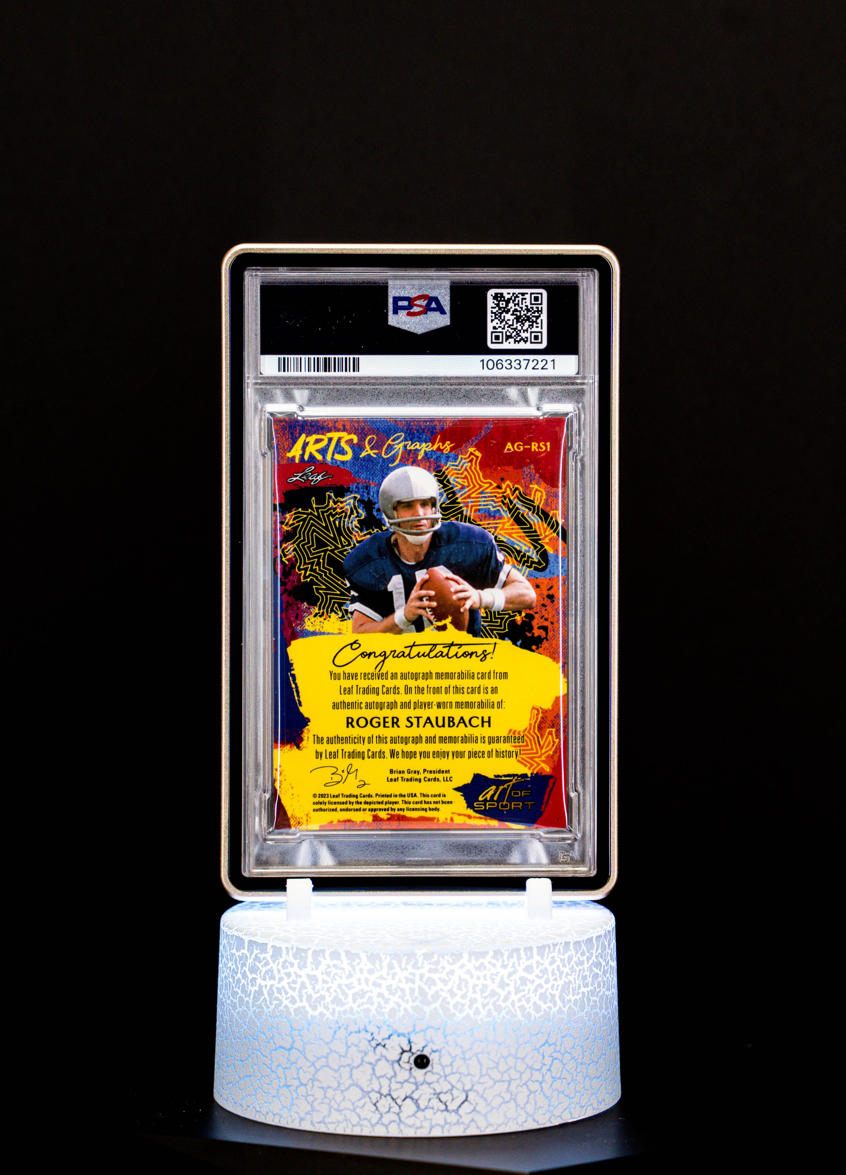 2023 Leaf Art of Sport Arts Graphics Navy Spectrum Autograph, Roger Staubach (SN: 7/7) #AGRS1 (PSA NM 7, Auto 10 PSA: #106337221)