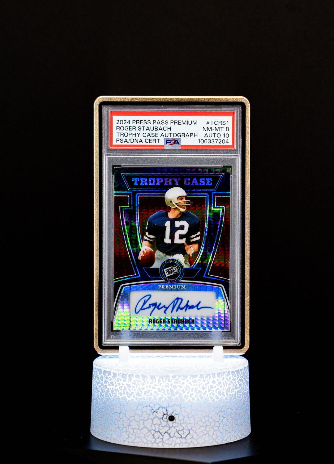 2024 Press Pass Premium Trophy Case Roger Staubach Auto SN3/25 PSA NM-MT 8 Auto 10 #TCRS1