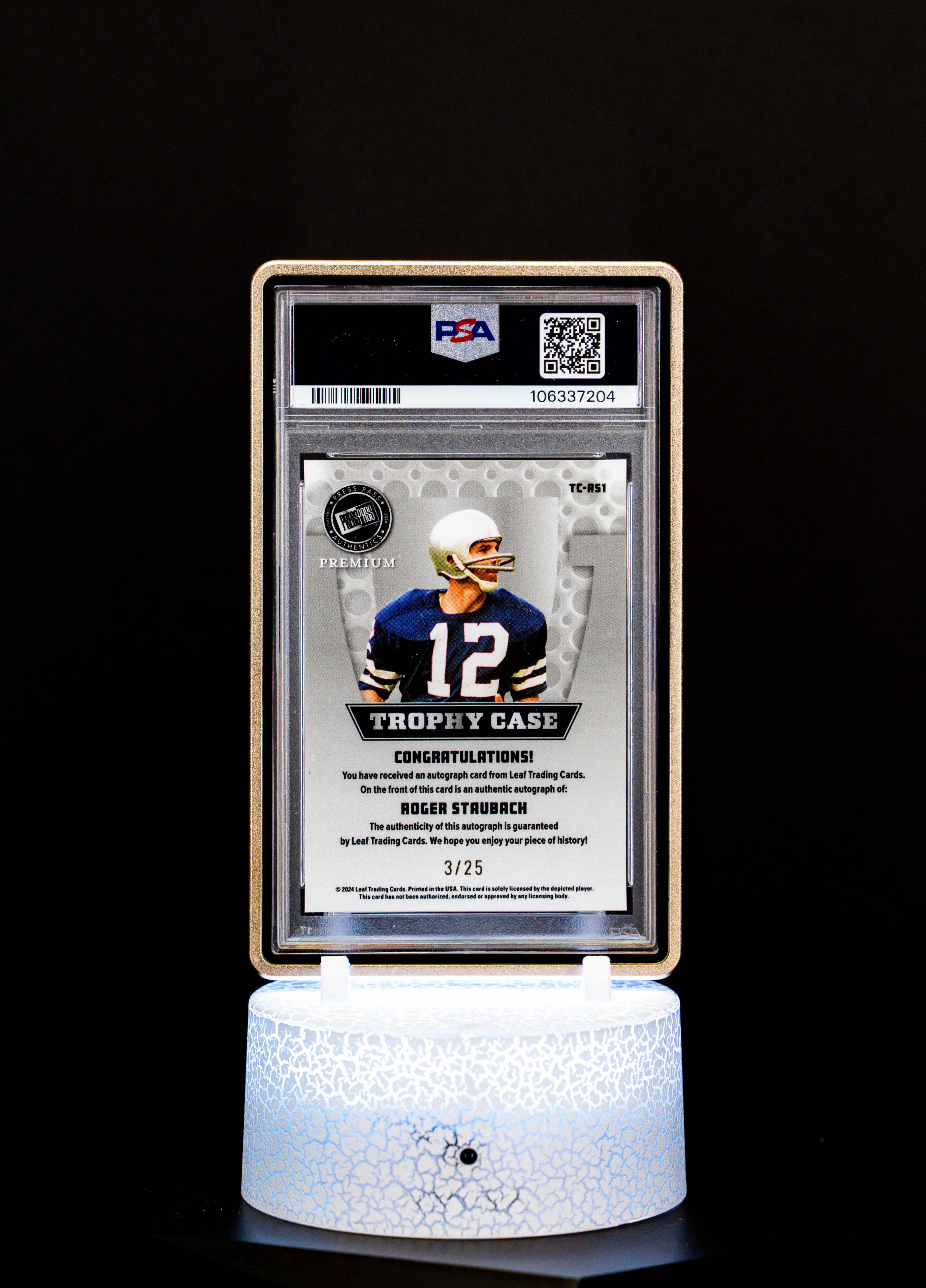 2024 Press Pass Premium Trophy Case Roger Staubach Auto SN3/25 PSA NM-MT 8 Auto 10 #TCRS1