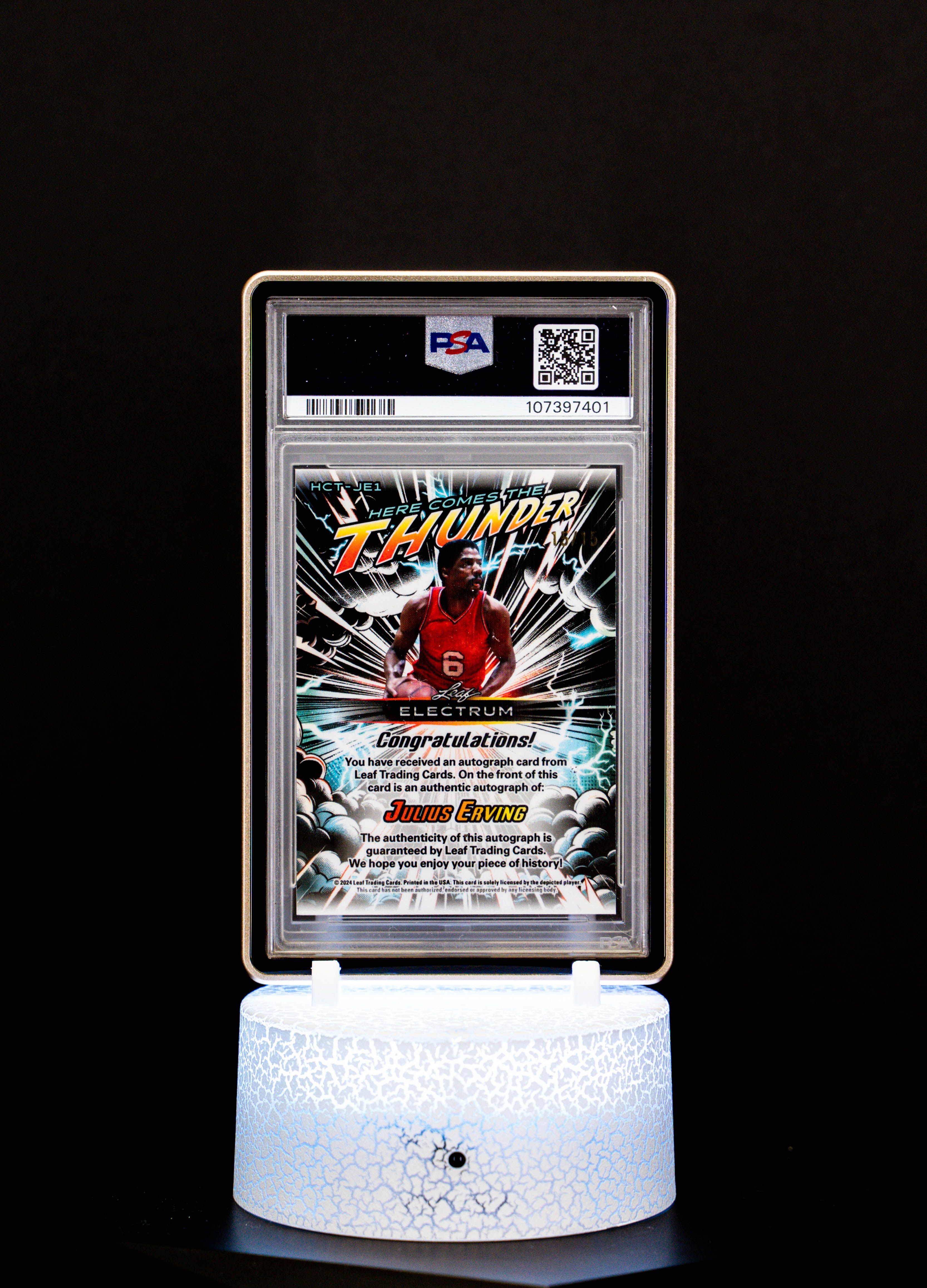 2024 Leaf Electrum Here Comes Thunder Julius Erving Auto SN15/15 PSA Mint 9 Auto 10 POP 1 #HCTJE1