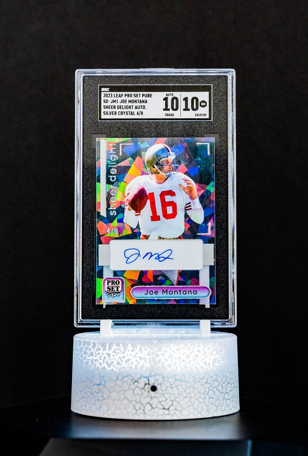 2023 Leaf Pro Set Pure Sheer Delight Auto Silver Crystal Joe Montana (SN: 4/8) #SD-JM1 (SGC Card GEM MT 10 Auto 10 SGC: #2410158)