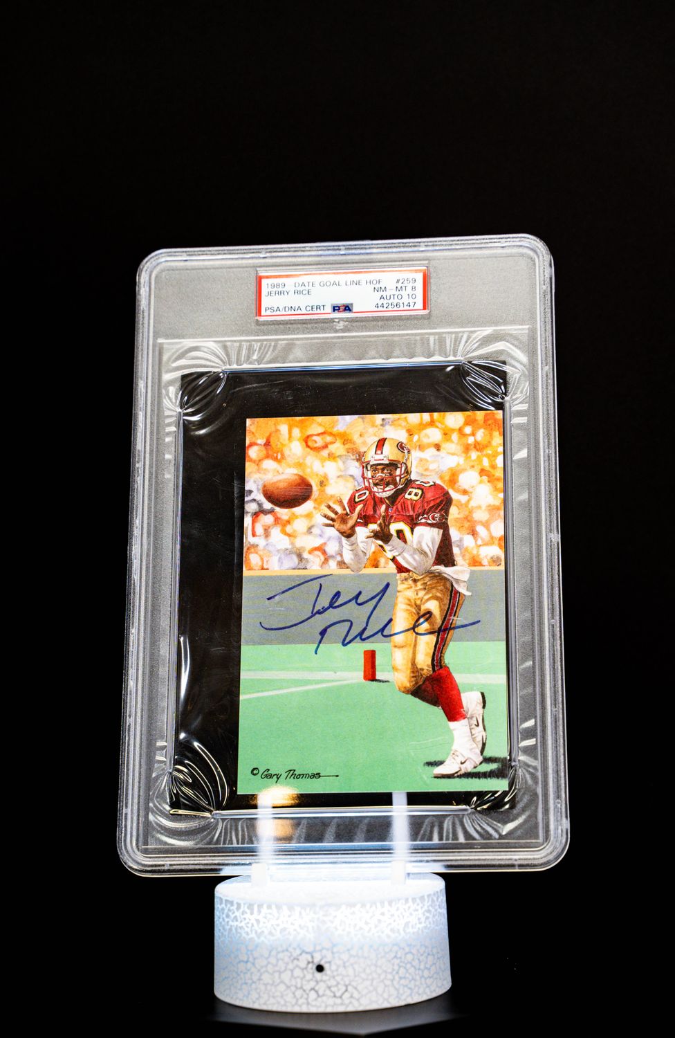 1989 - Date Goal Line H.O.F. Art Jerry Rice Auto (SN: 5000) Large Card (PSA Card NM-MT 8 Auto 10 PSA: #44256147) (POP 6 - Higher POP = 3)