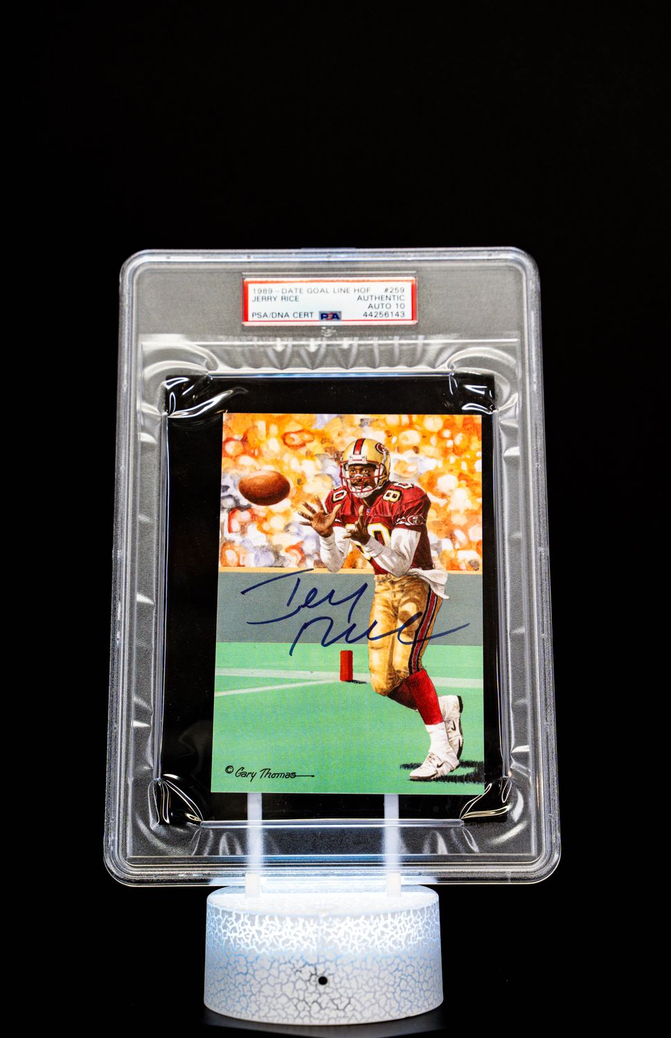1989 - Date Goal Line H.O.F. Art Jerry Rice Auto (SN: 5000) Large Card (PSA GEM MT 10 Auto Grade PSA: #44256143)