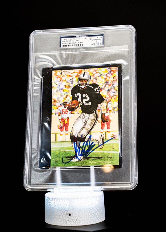1989 Goal Line H.O.F. Art Marcus Allen Auto Large Card Limited to 5000