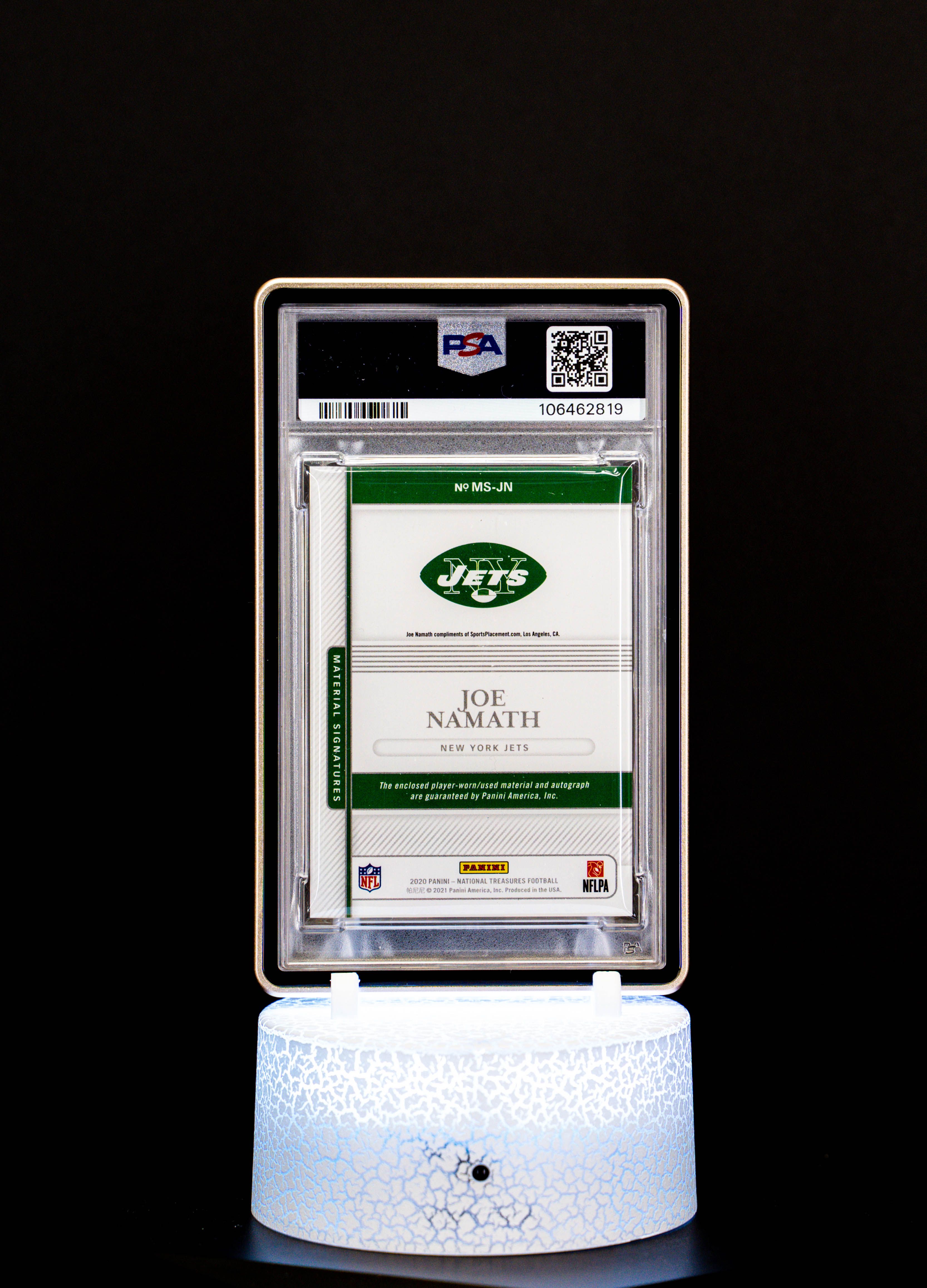 2020 National Treasures Material Signatures Joe Namath SN2/10 PSA Mint 9 Auto 10 #JN