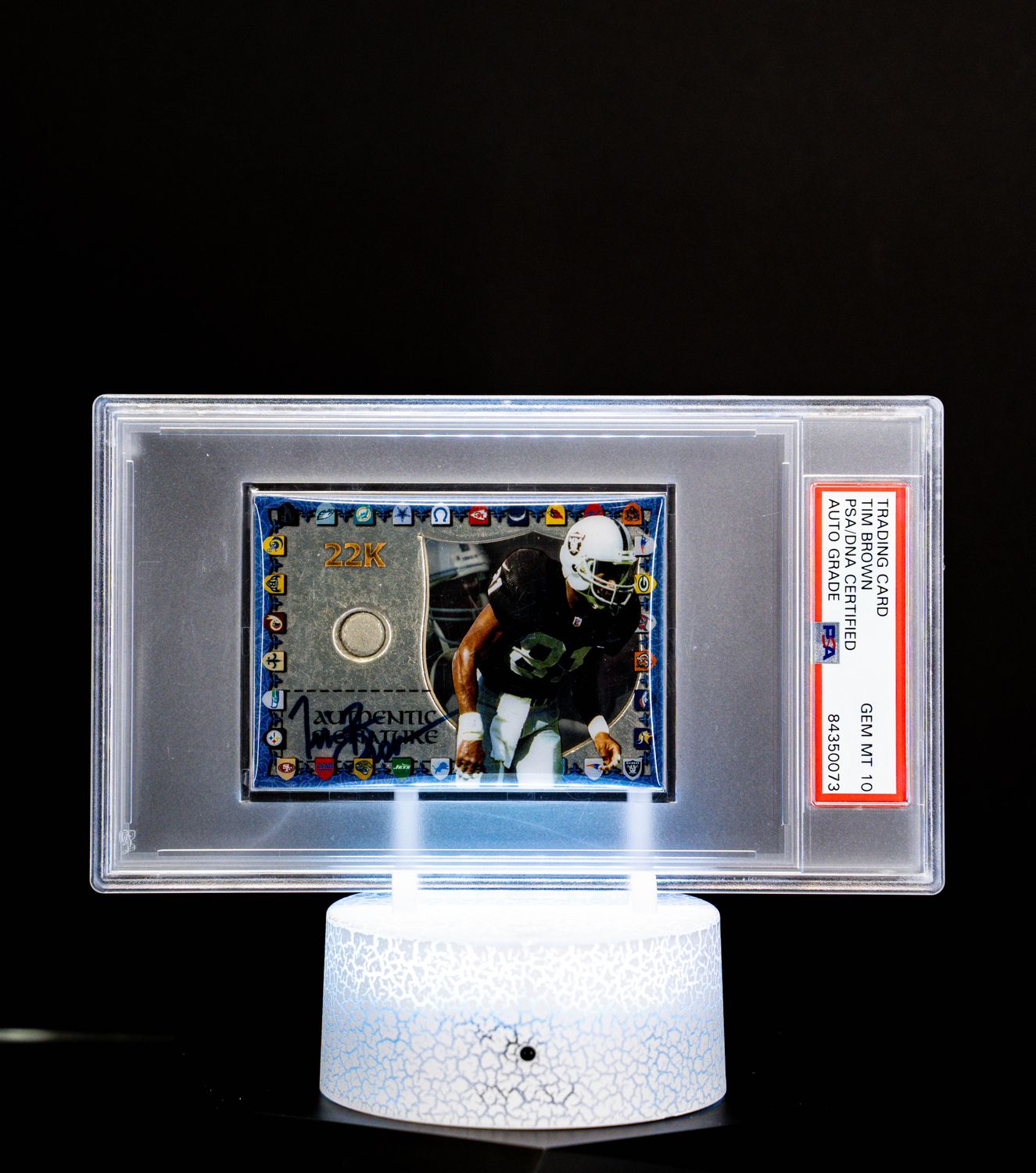 1997 Collector’s Edge 22K Game Used Helmet Tim Brown #28 (Very Thick Card) – PSA GEM MT 10 Auto
