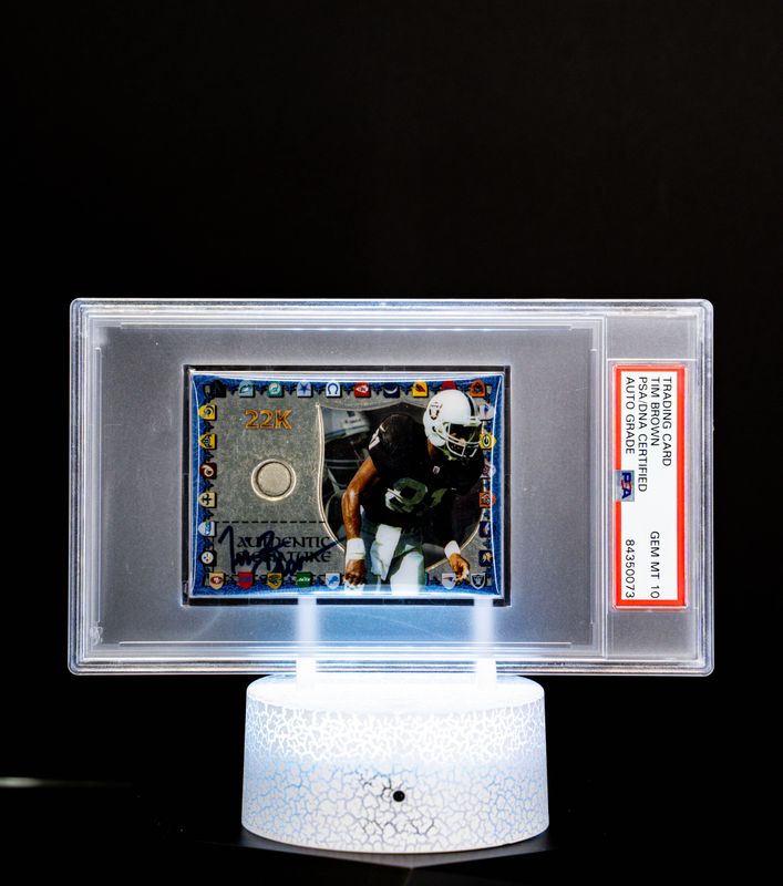 1997 Collector’s Edge 22K Game Used Helmet Tim Brown #28 (Very Thick Card) – PSA GEM MT 10 Auto