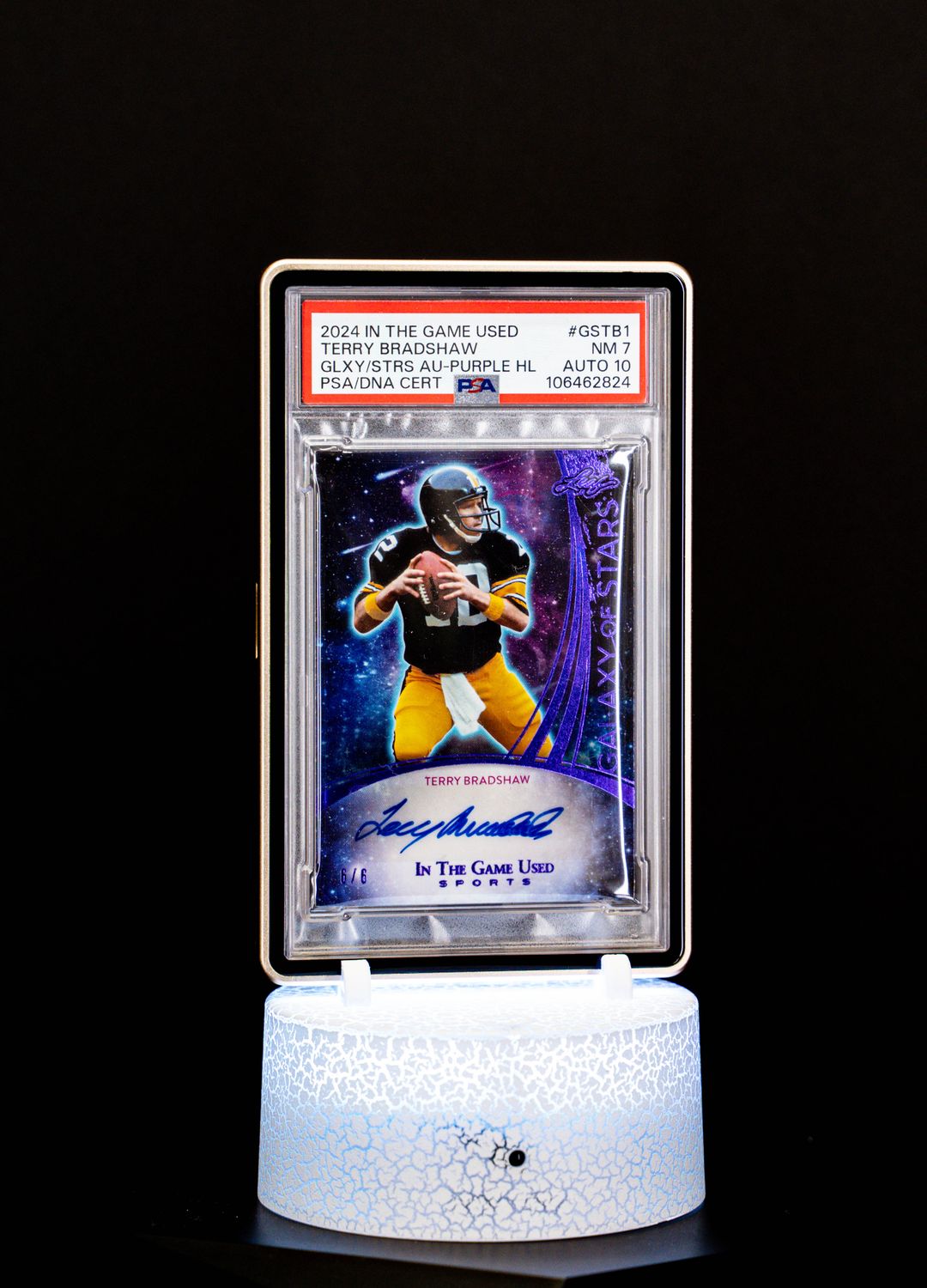 2024 In the Game Used Galaxy of Stars Purple Holo Terry Bradshaw Auto SN6/6 PSA NM 7 Auto 10 #GSTB1