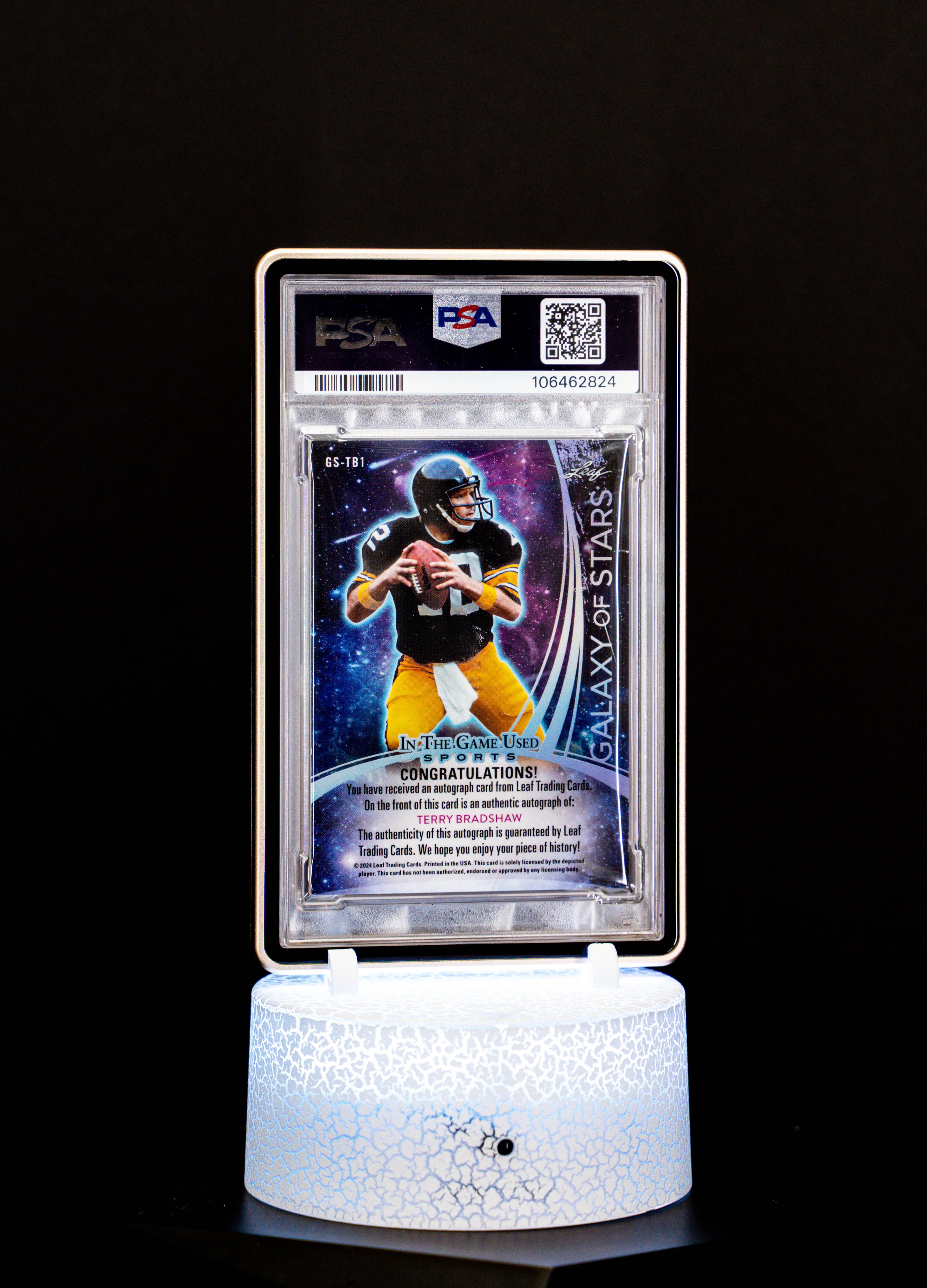 2024 In the Game Used Galaxy of Stars Purple Holo Terry Bradshaw Auto SN6/6 PSA NM 7 Auto 10 #GSTB1