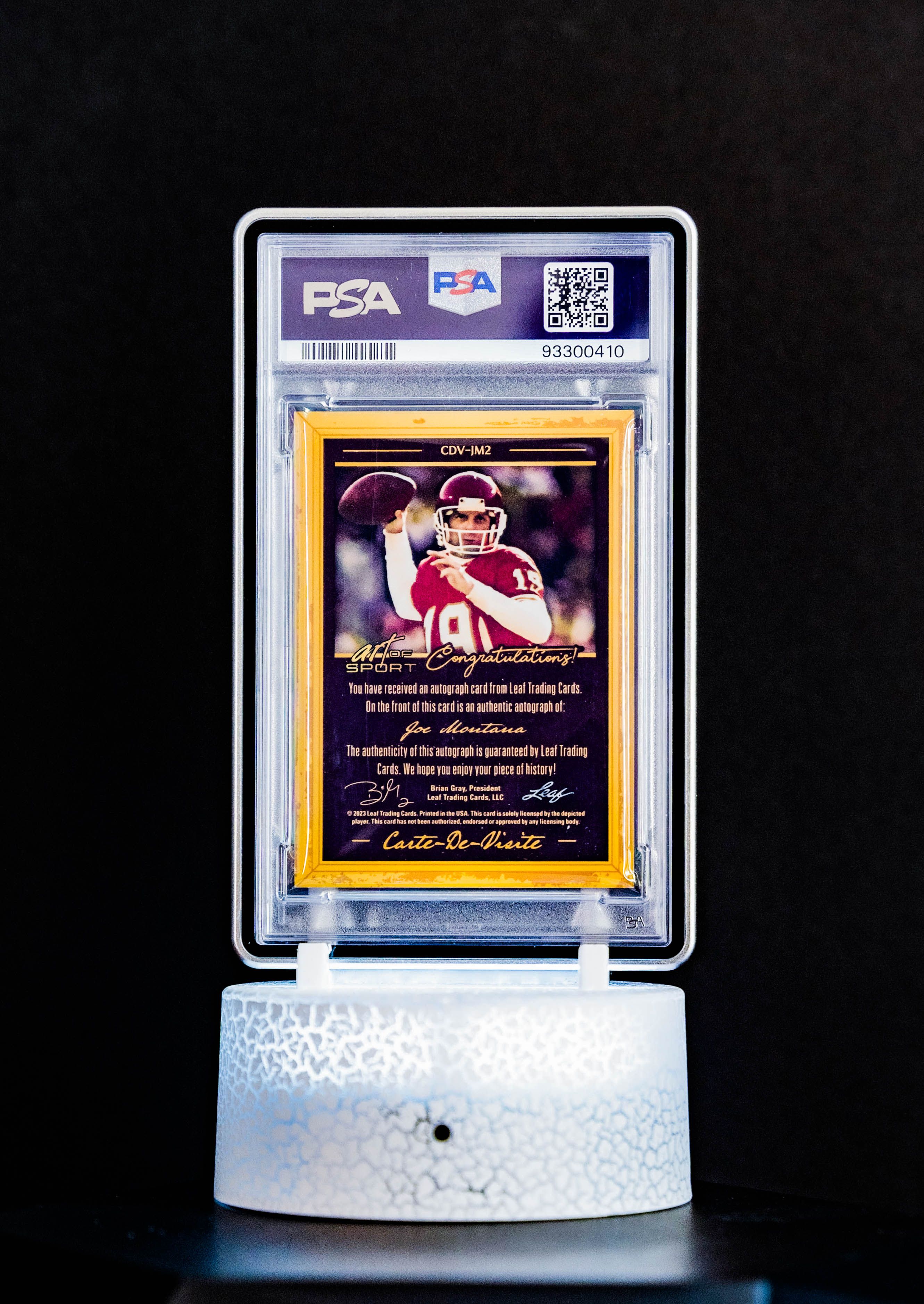 2023 Leaf Art of Sport Carte-De Visite Purple Spectrum Autograph Joe Montana #CDVJM2 – PSA GEM MT 10, Auto GEM MT 10 (PSA Cert #93300410)