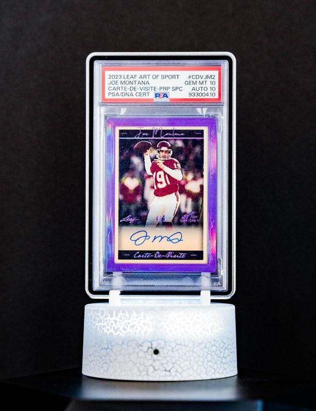 2023 Leaf Art of Sport Carte-De Visite Purple Spectrum Autograph Joe Montana #CDVJM2 – PSA GEM MT 10, Auto GEM MT 10 (PSA Cert #93300410)