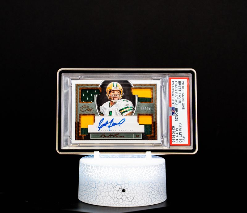 2018 Panini One Quad Patch Autograph Bronze Brett Favre (SN: 11/15) #95 – PSA GEM MT 10, Auto GEM MT 10 (PSA Cert #62101626)