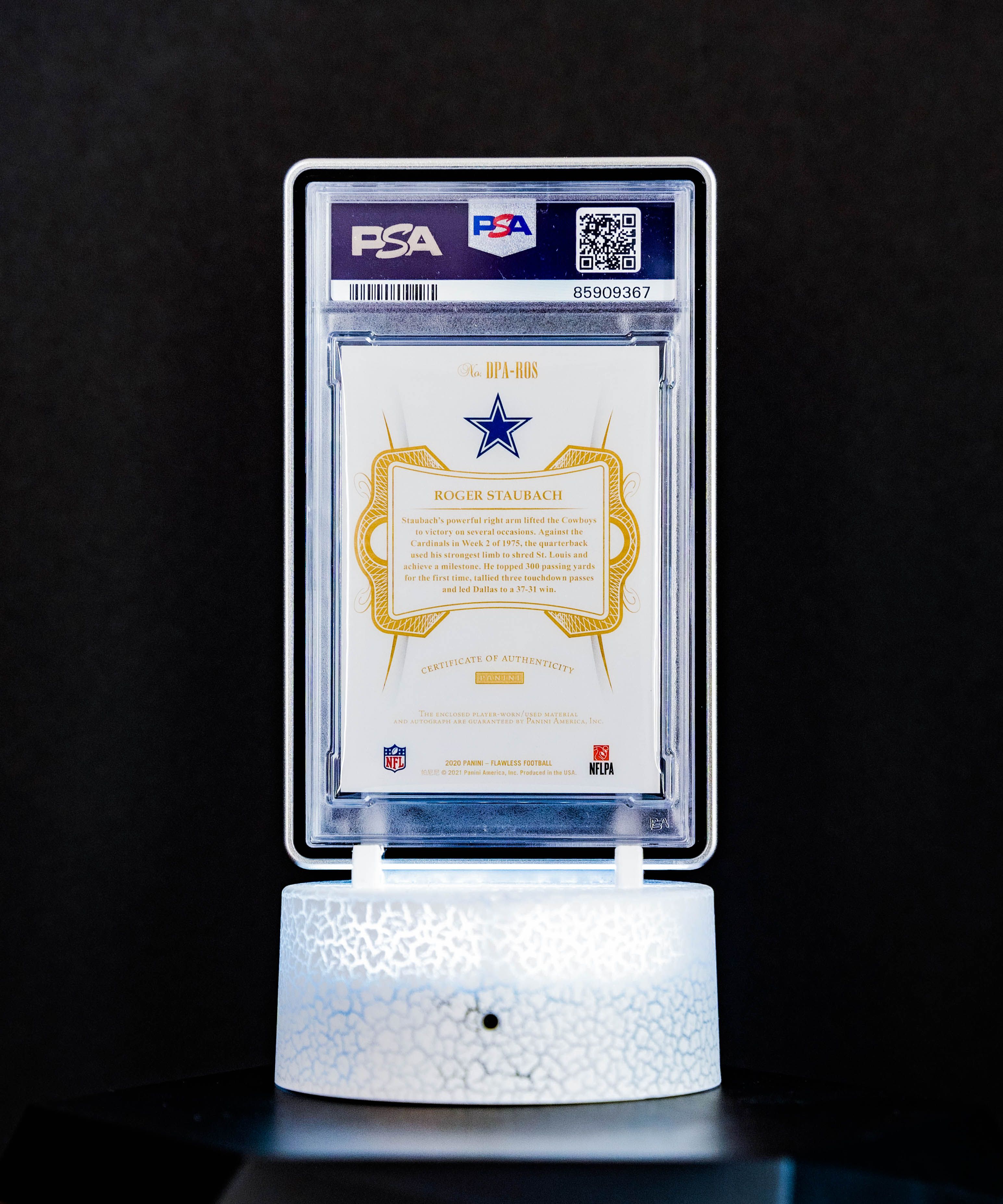 2020 Panini Flawless Dual Patch Auto Silver Roger Staubach (SN: 8/10) #DPAROS – PSA GEM MT 10, Auto 10 (PSA Cert #85909367)