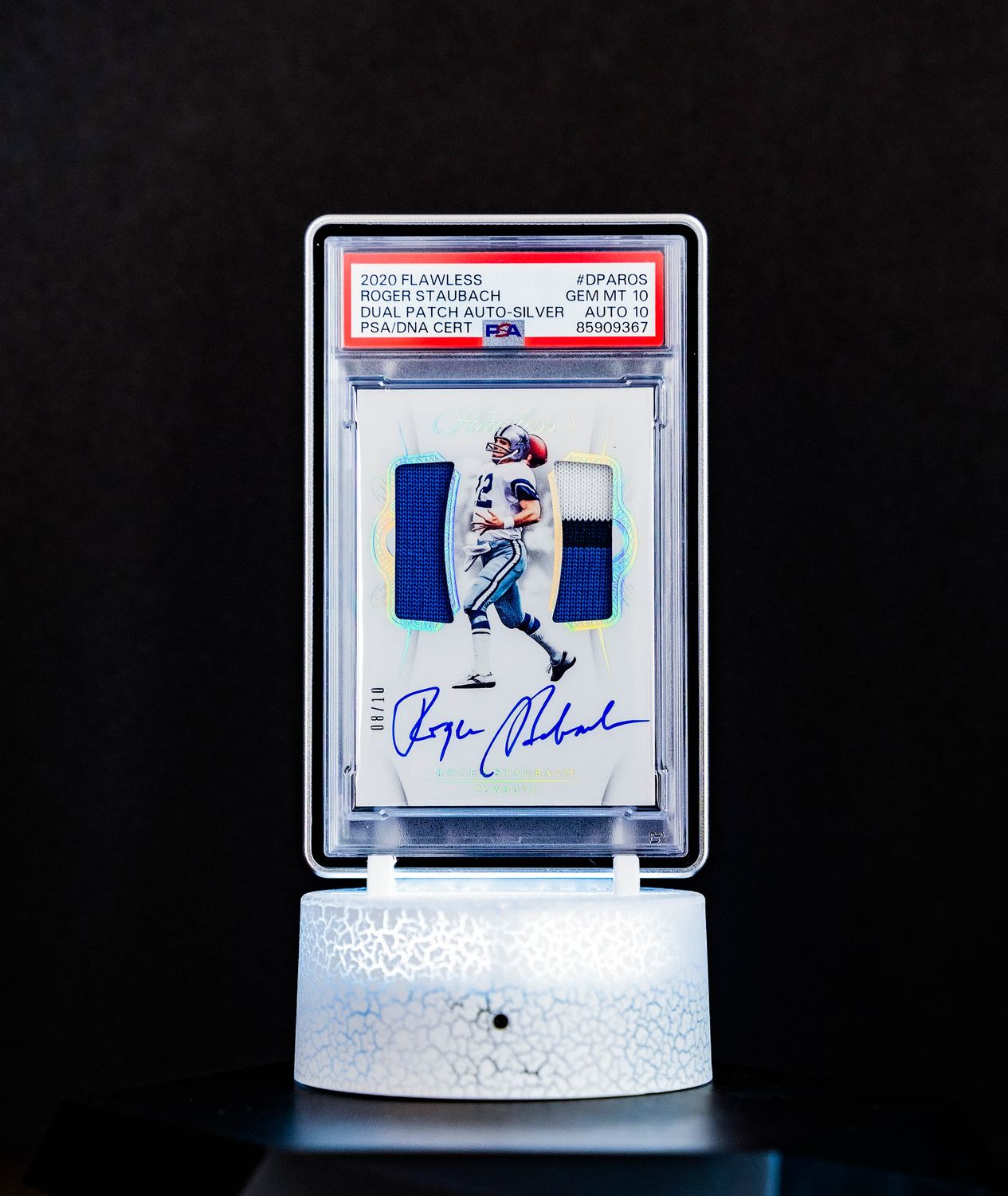 2020 Panini Flawless Dual Patch Auto Silver Roger Staubach (SN: 8/10) #DPAROS – PSA GEM MT 10, Auto 10 (PSA Cert #85909367)