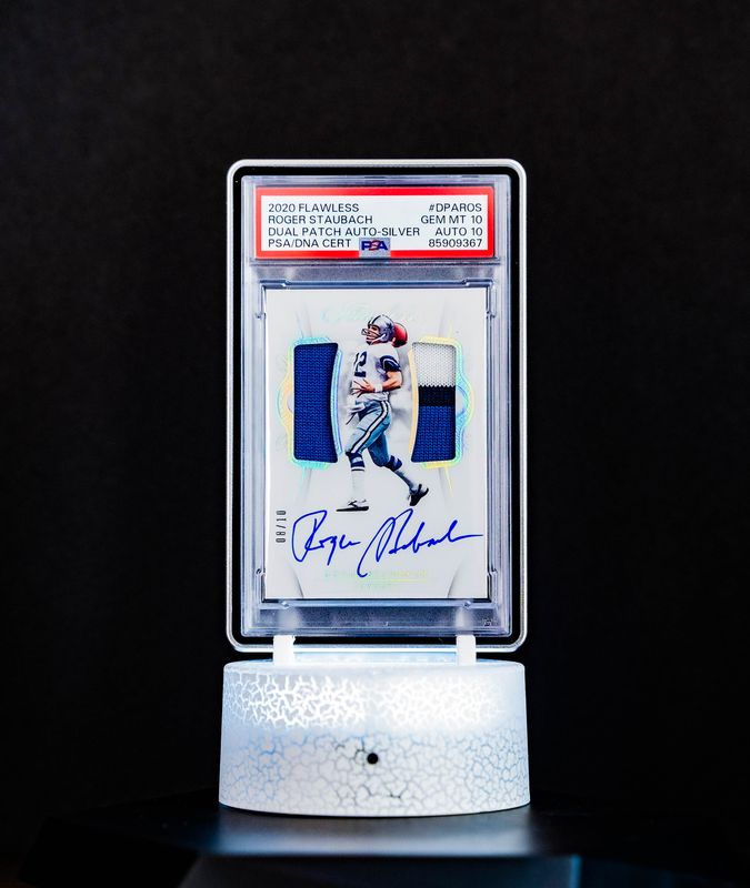 2020 Panini Flawless Dual Patch Auto Silver Roger Staubach (SN: 8/10) #DPAROS – PSA GEM MT 10, Auto 10 (PSA Cert #85909367)